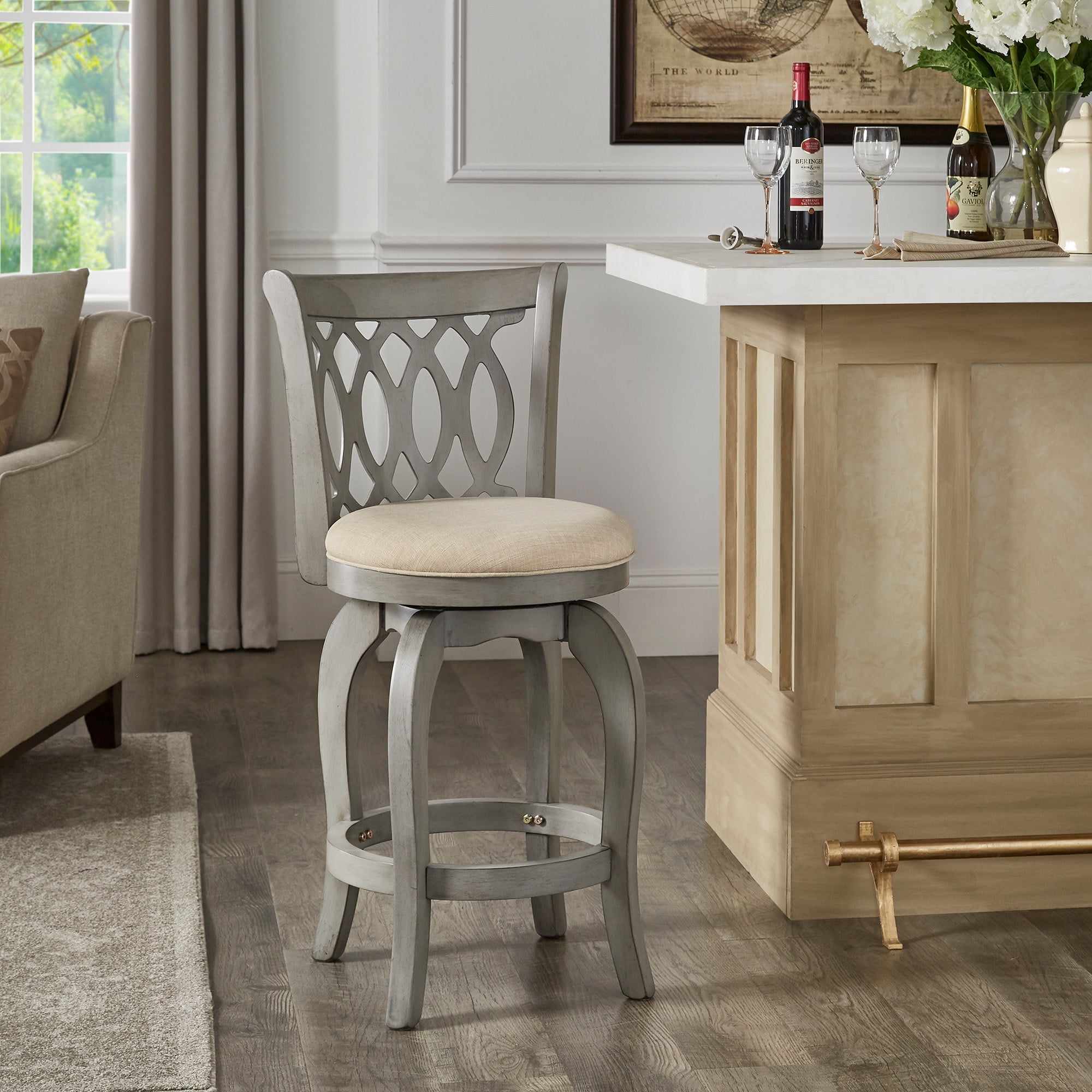 Weston Home Shapel Scroll Back Swivel Stool, 24" Counter Height, Antique Grey Finish, Beige Linen