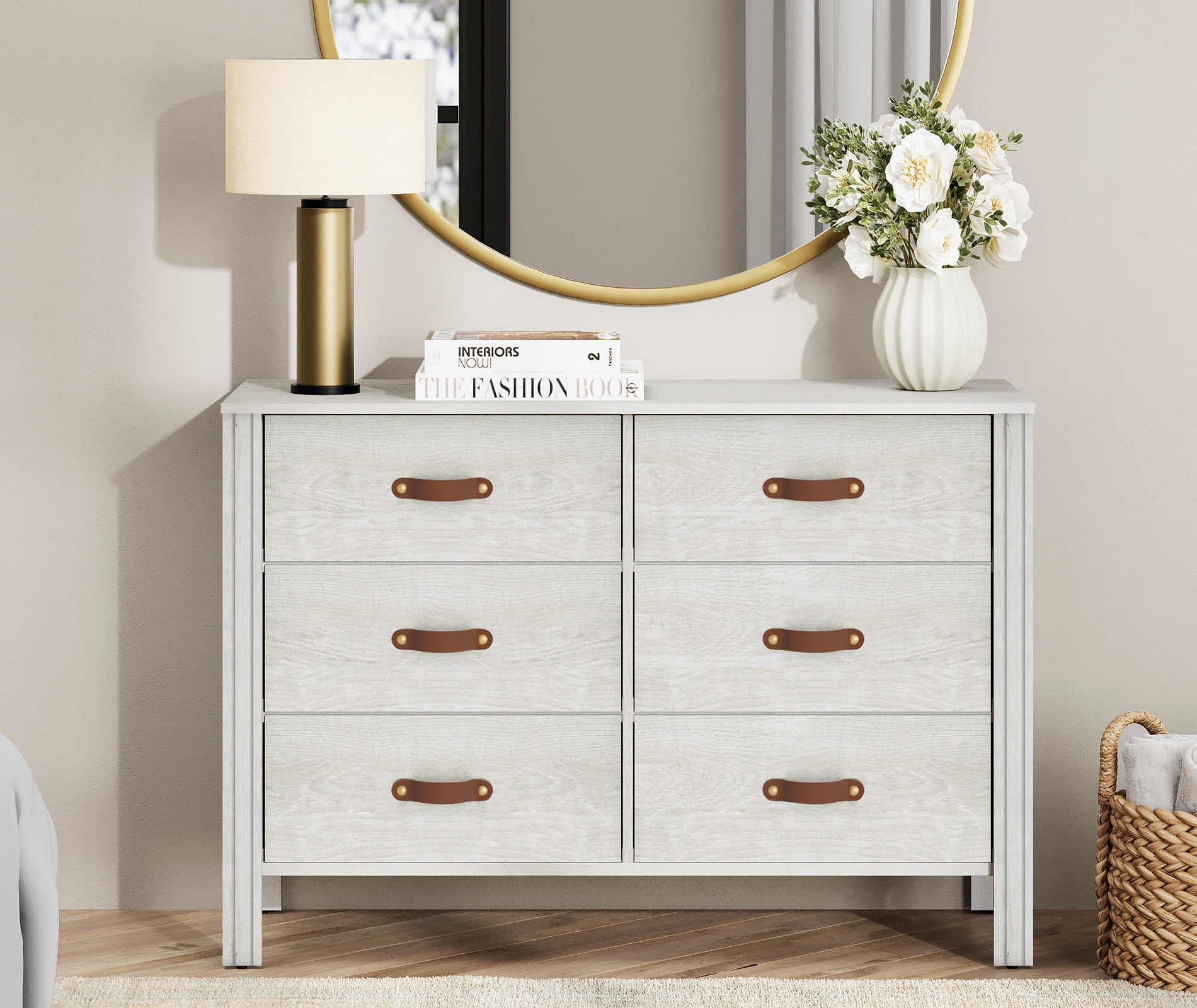 White Dresser for Bedroom, Wood Dresser with 6 Drawers, Kids Dresser Storage Cabinet for Living Room, Hallway