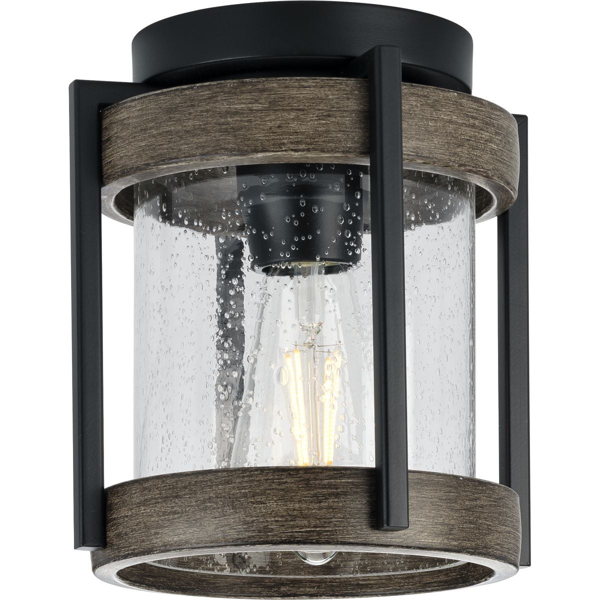 Whitmire Collection One-Light Matte Black with Aged Oak Accents Clear Seeded Glass Farmhouse Outdoor Ceiling Mount Light