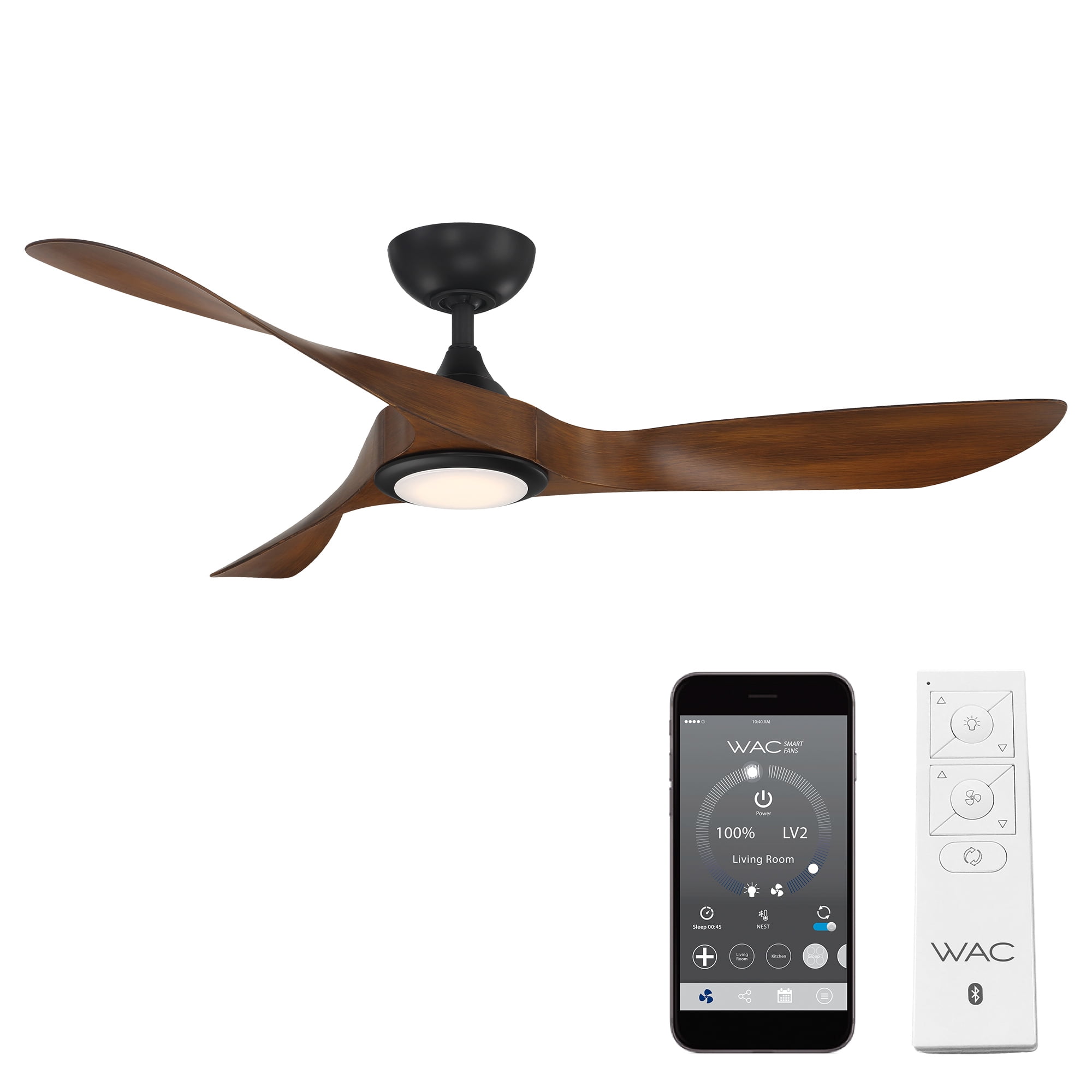 WAC Swirl 54" Matte Black/Distressed Koa Integrated LED Smart Ceiling Fan with Remote Control