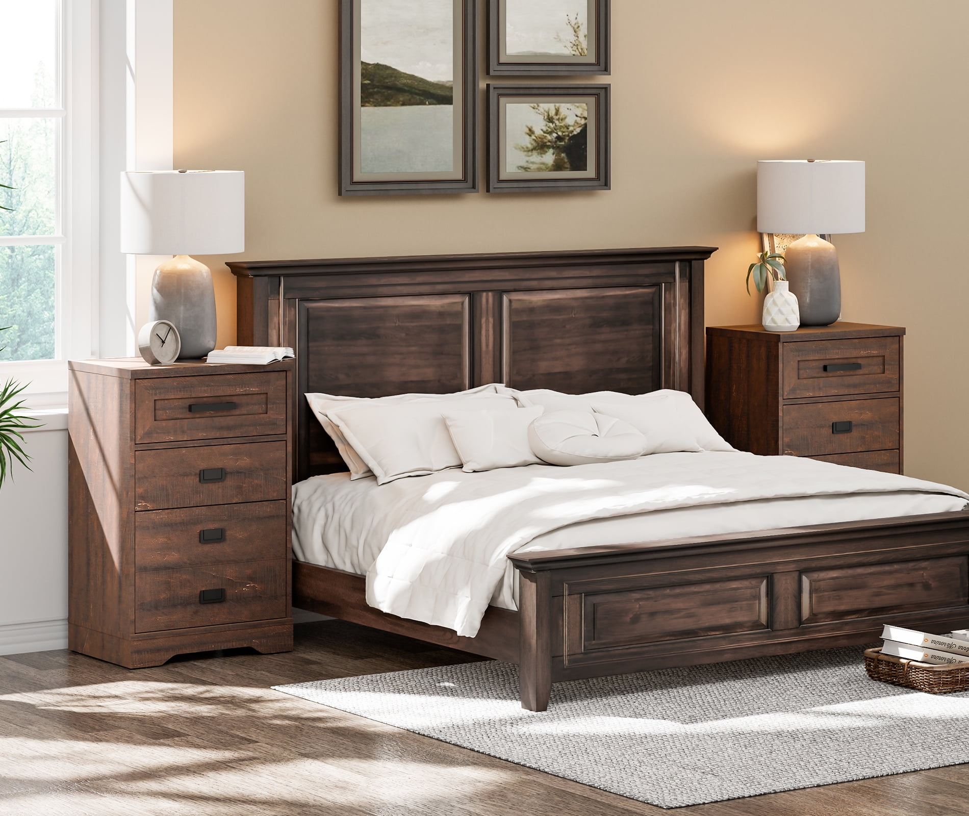 WAMPAT 2 Pack End Table with 1 Drawer & Door, Farmhouse Large Sofa Side Table, Modern Tall Nightstand with Adjustable Storage Shelf, Accent Cabinet for Living Room，Rustic Brown