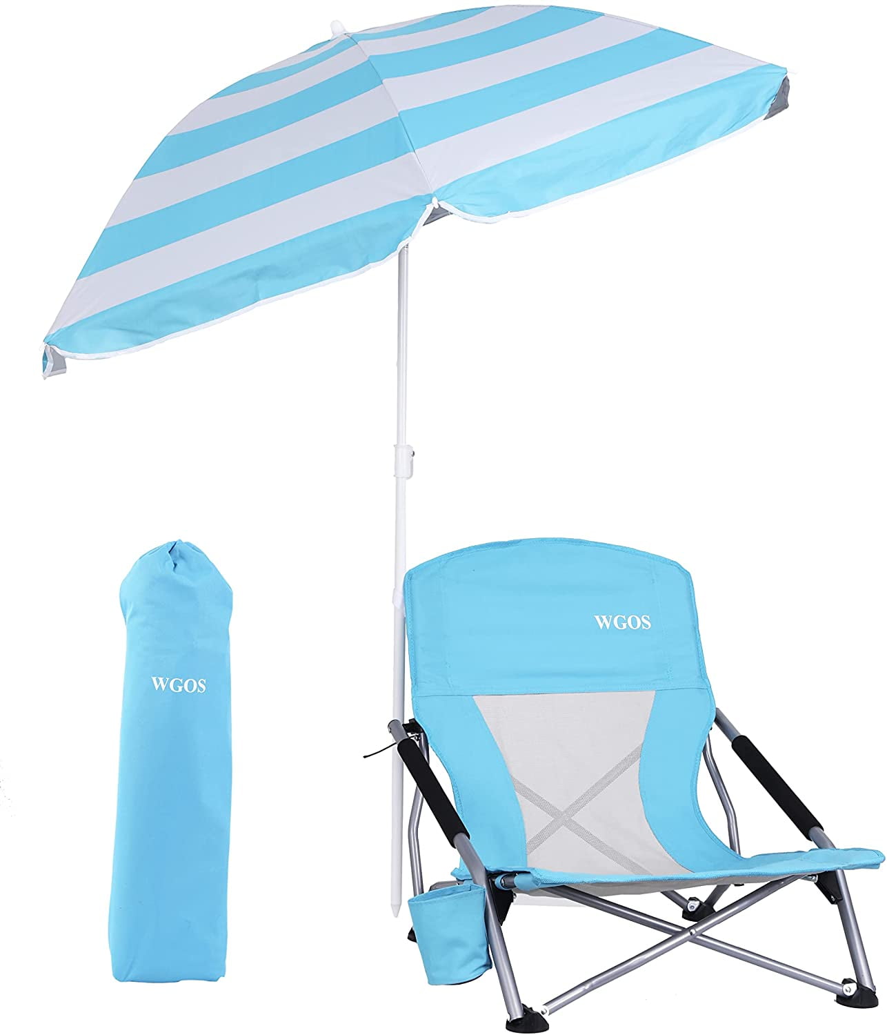 WGOS Portable Low Beach Chair with Detachable Umbrella and Cup Holder, Blue