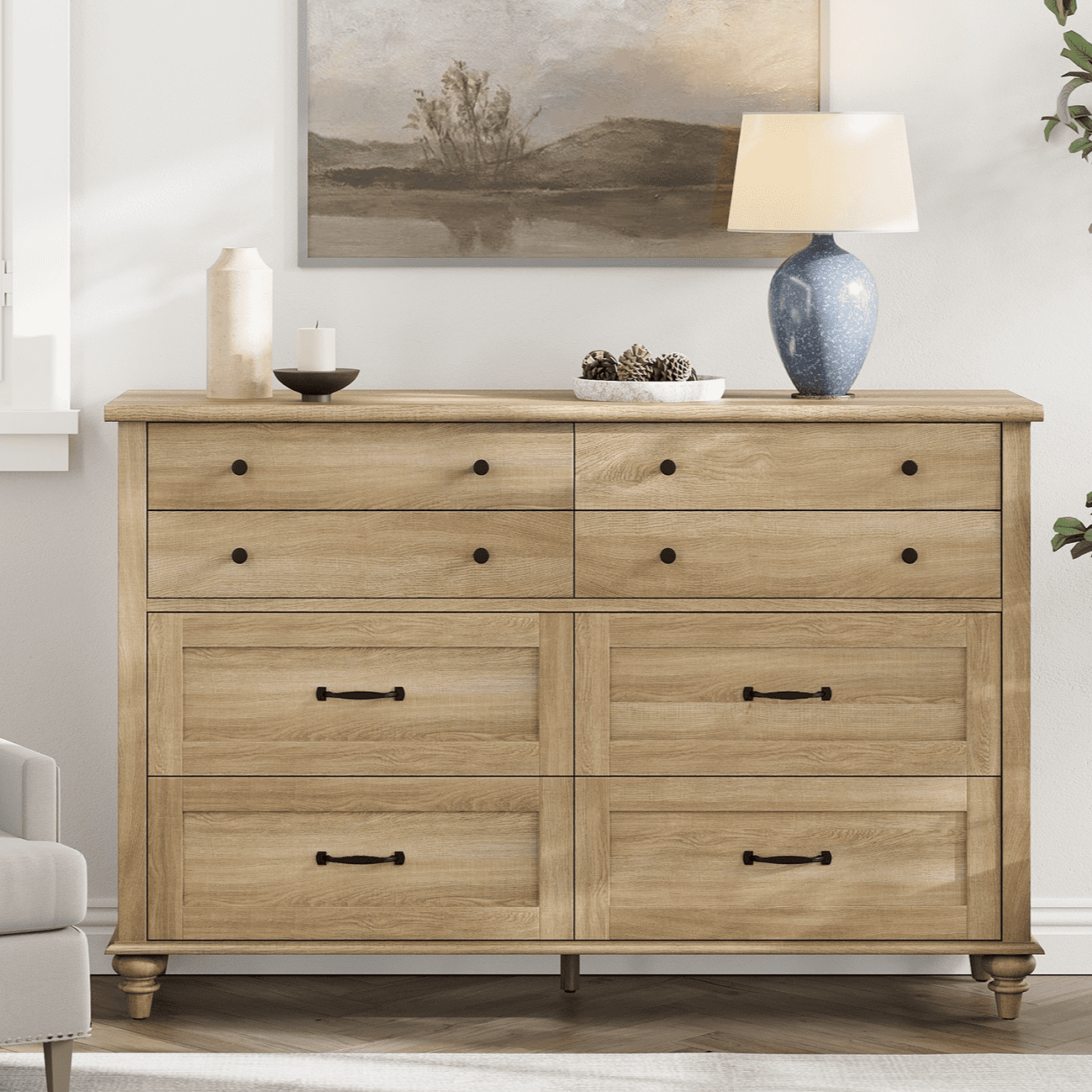Wide Oak 8 Drawer Dresser for Bedroom, Wooden Chest of Drawers for Living Room