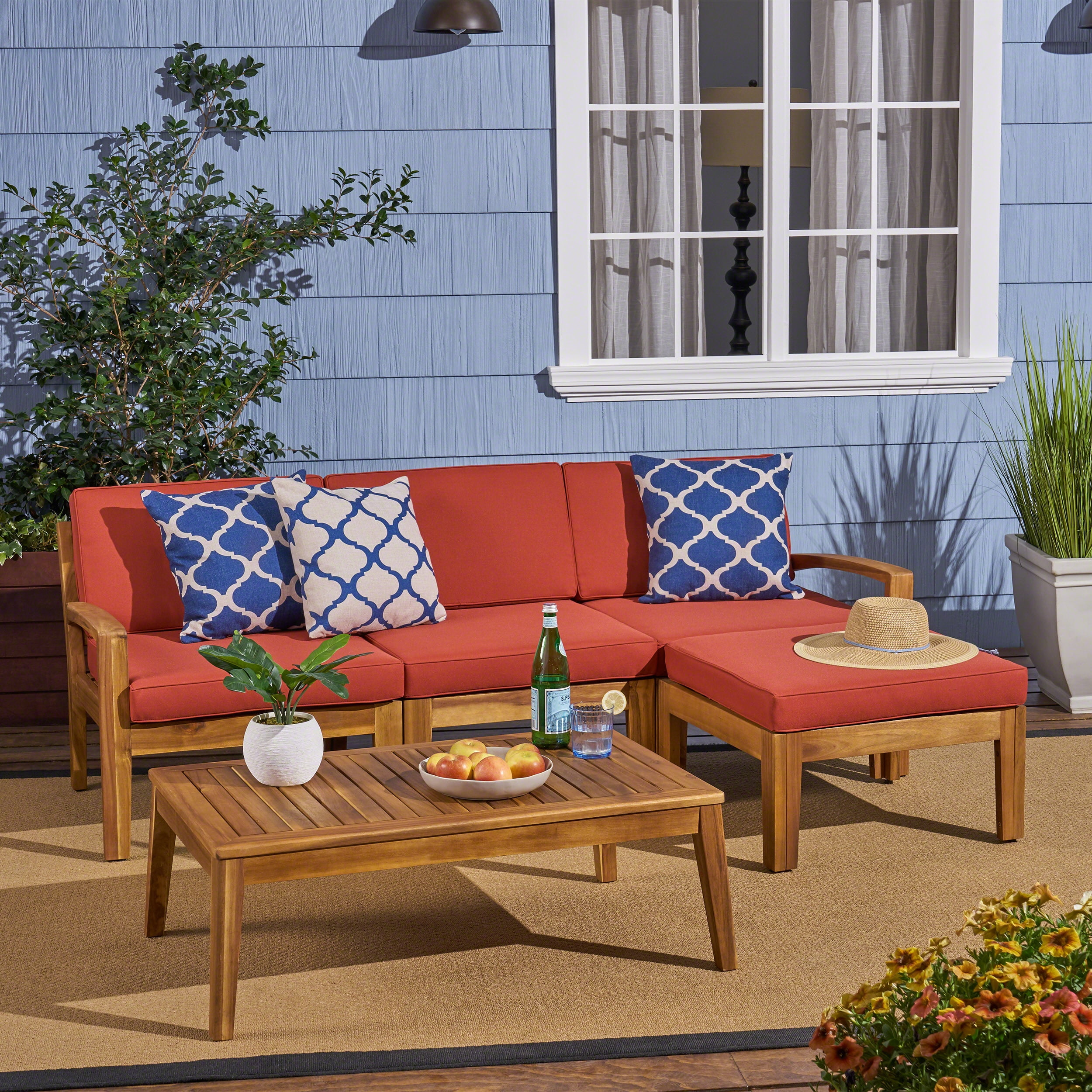 Wilcox Outdoor 5 Piece Acacia Wood Sectional Sofa Set with Cushions, Teak, Red