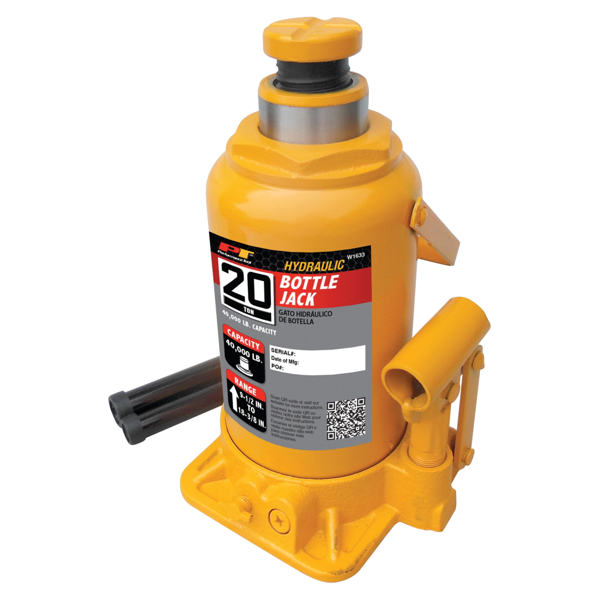 Performance Tool W1633 20 Ton (40,000 lbs.) Heavy Duty Hydraulic Bottle Jack