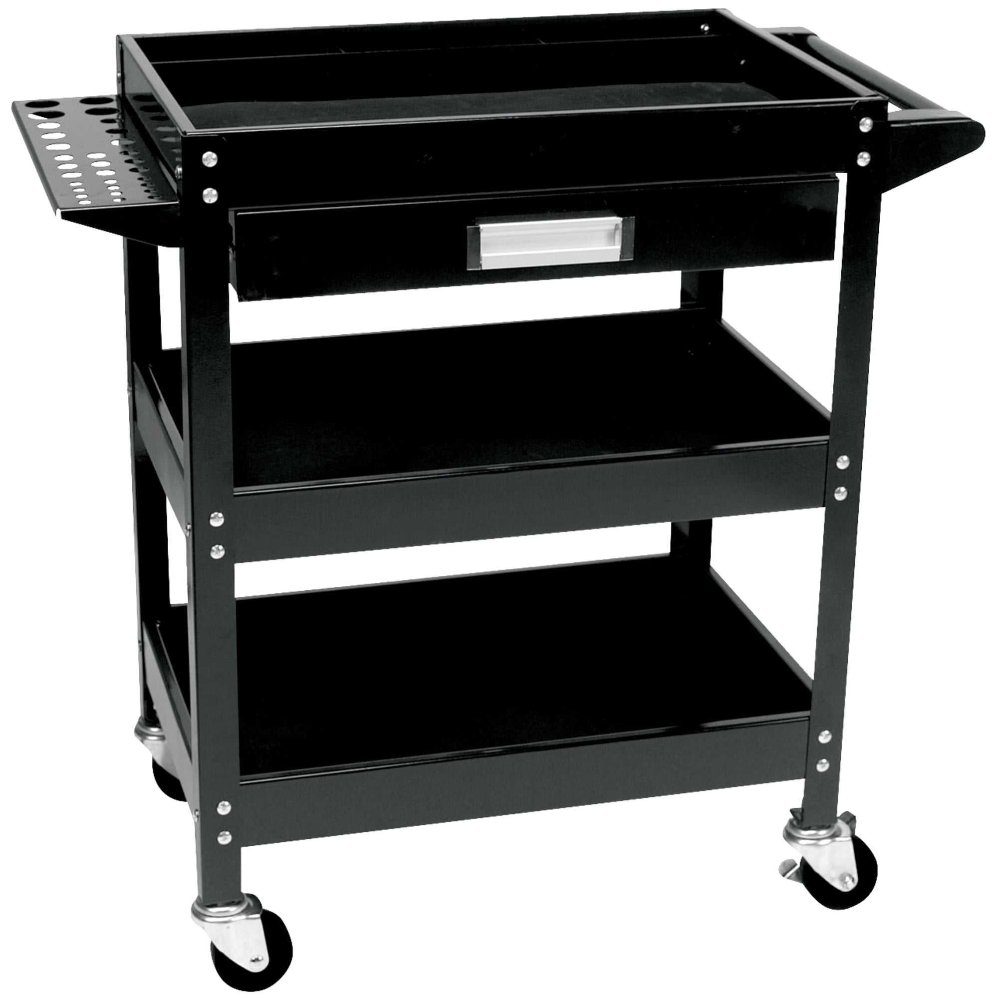 Performance Tool W54006 23.5 In. x 16 In. 3-Shelf Utility Cart with Drawer, Tool Trays, and Swivel Casters, Black