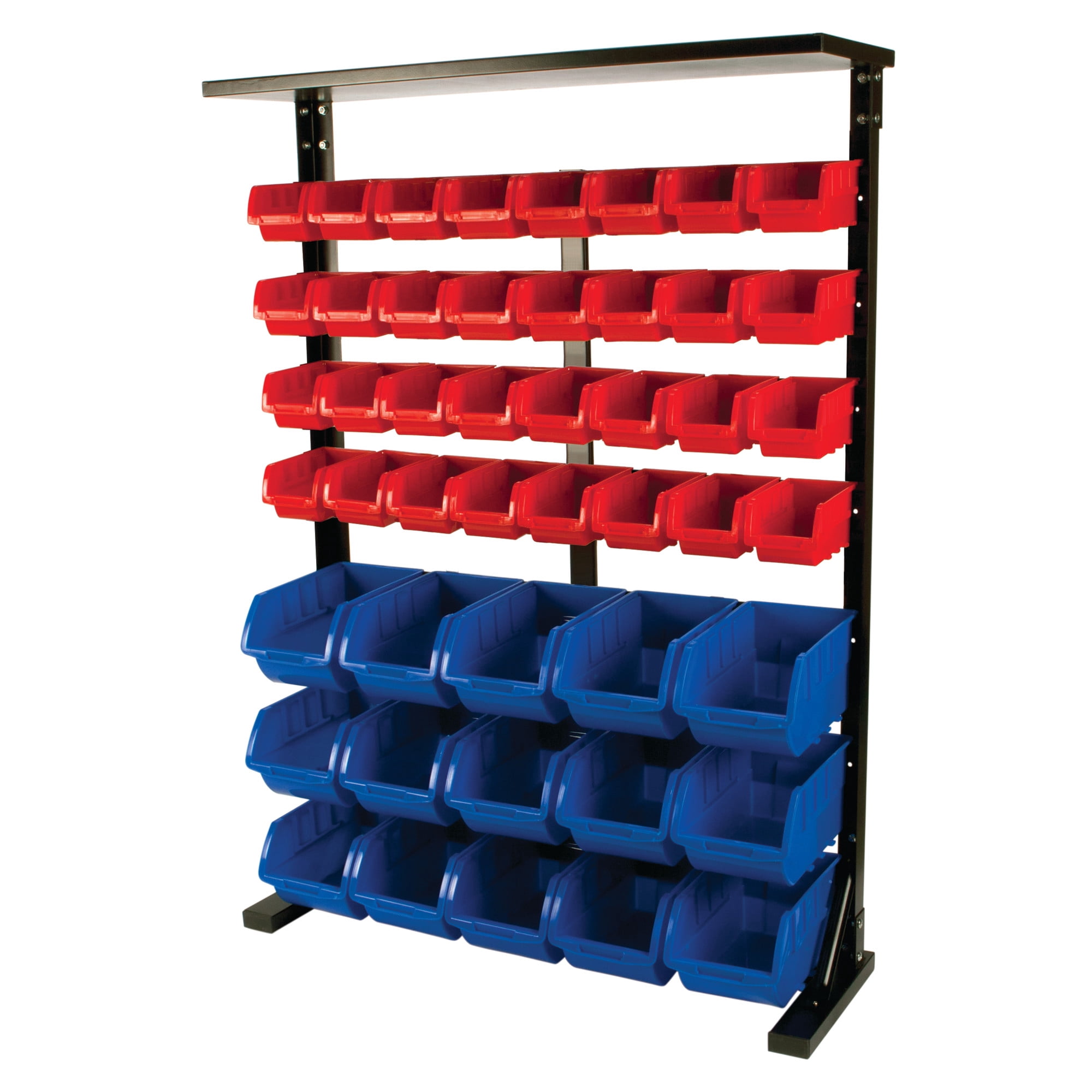 Performance Tool W5193 Half Bulk Bin Storage Rack with 32 Large and Small Bins for Easy Garage Organization of Tools, Parts, Hardware, and More, Red and Blue