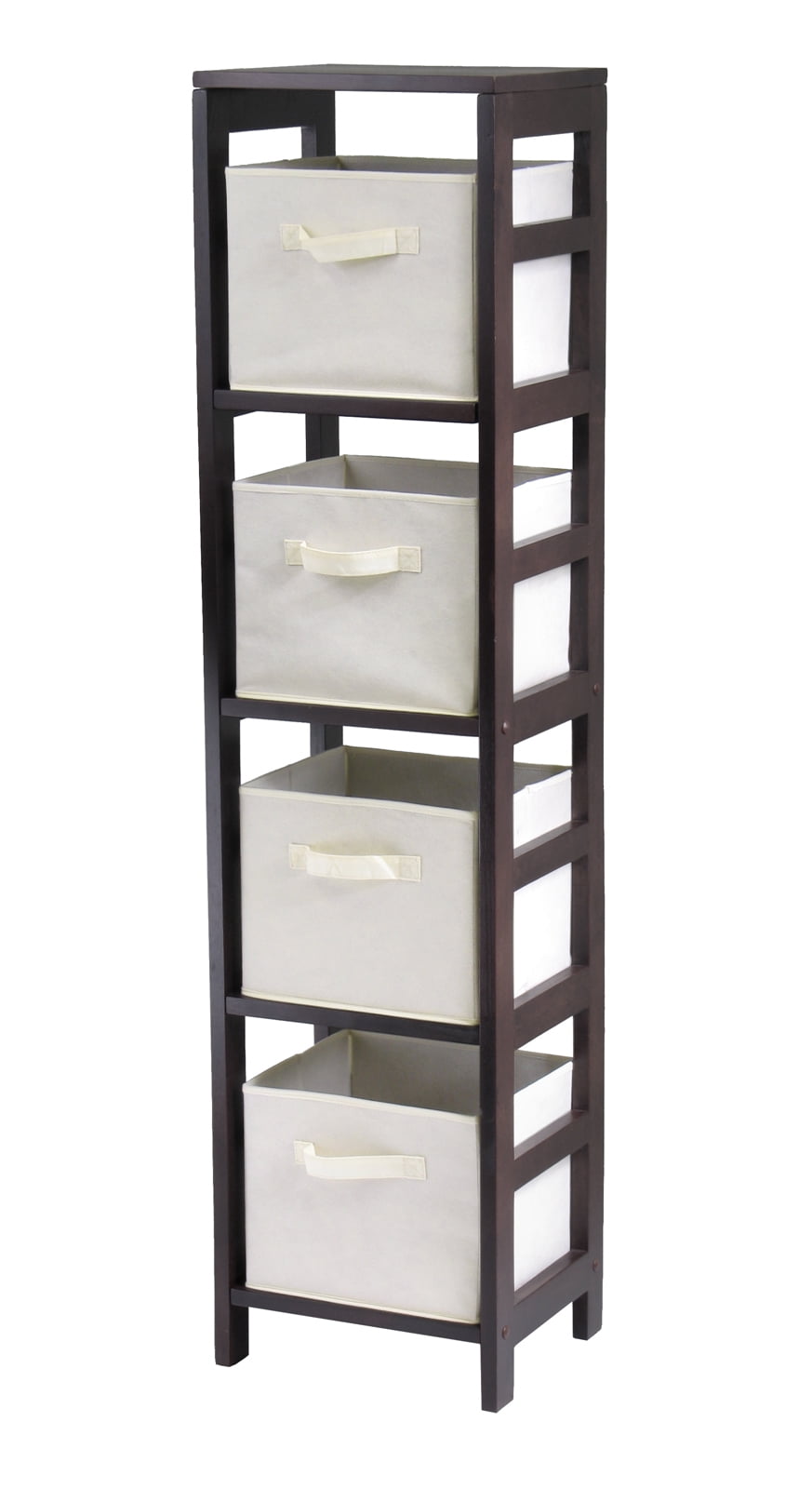 Winsome Wood Capri 5-Pc Storage Set, 4-Section Narrow Shelf & 4 Foldable Beige Fabric Baskets, Espresso Finish