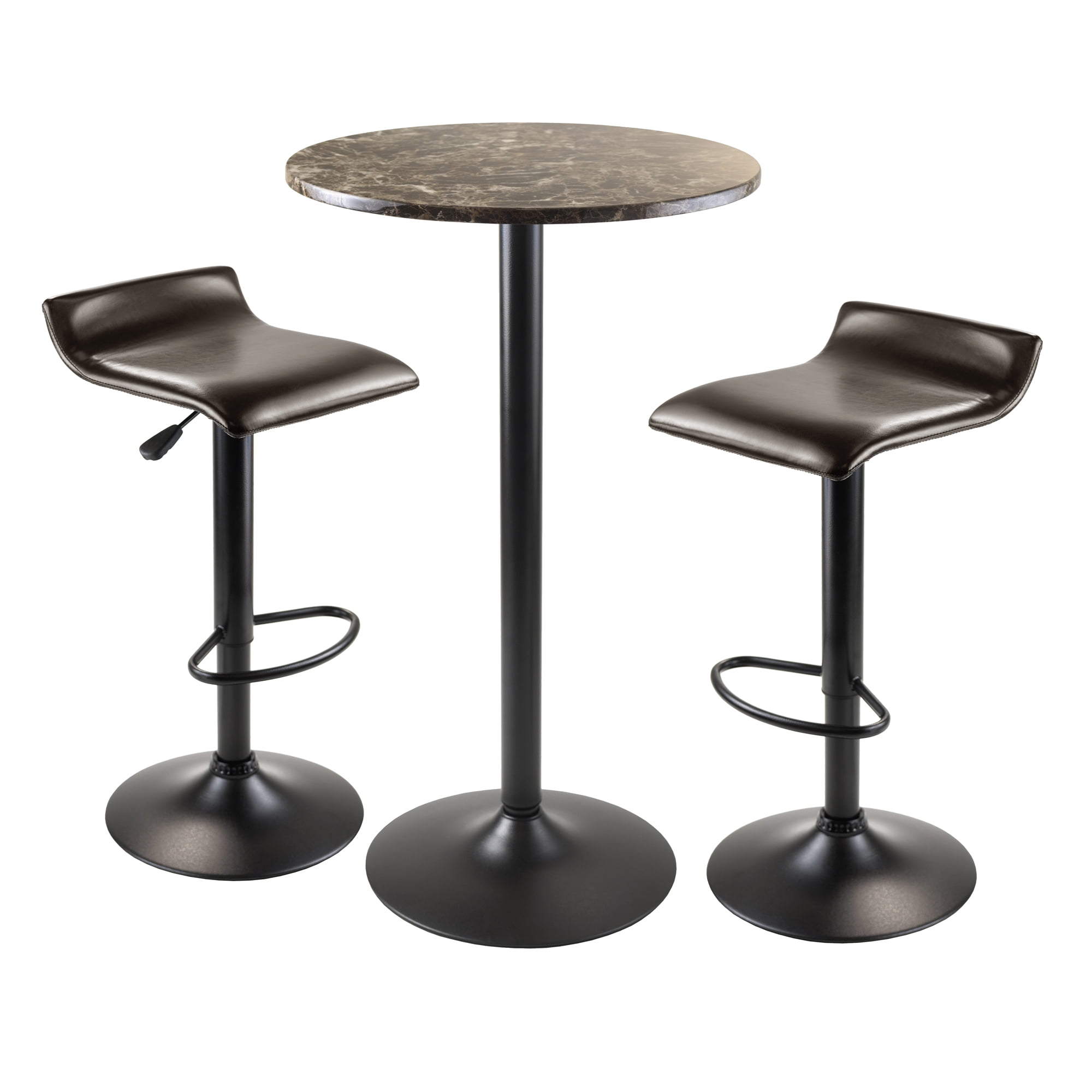 Winsome Wood Cora 3-Pc Pub Set, Faux Marble Table & 2 Adjustable Swivel Stools, Black & Espresso Finish