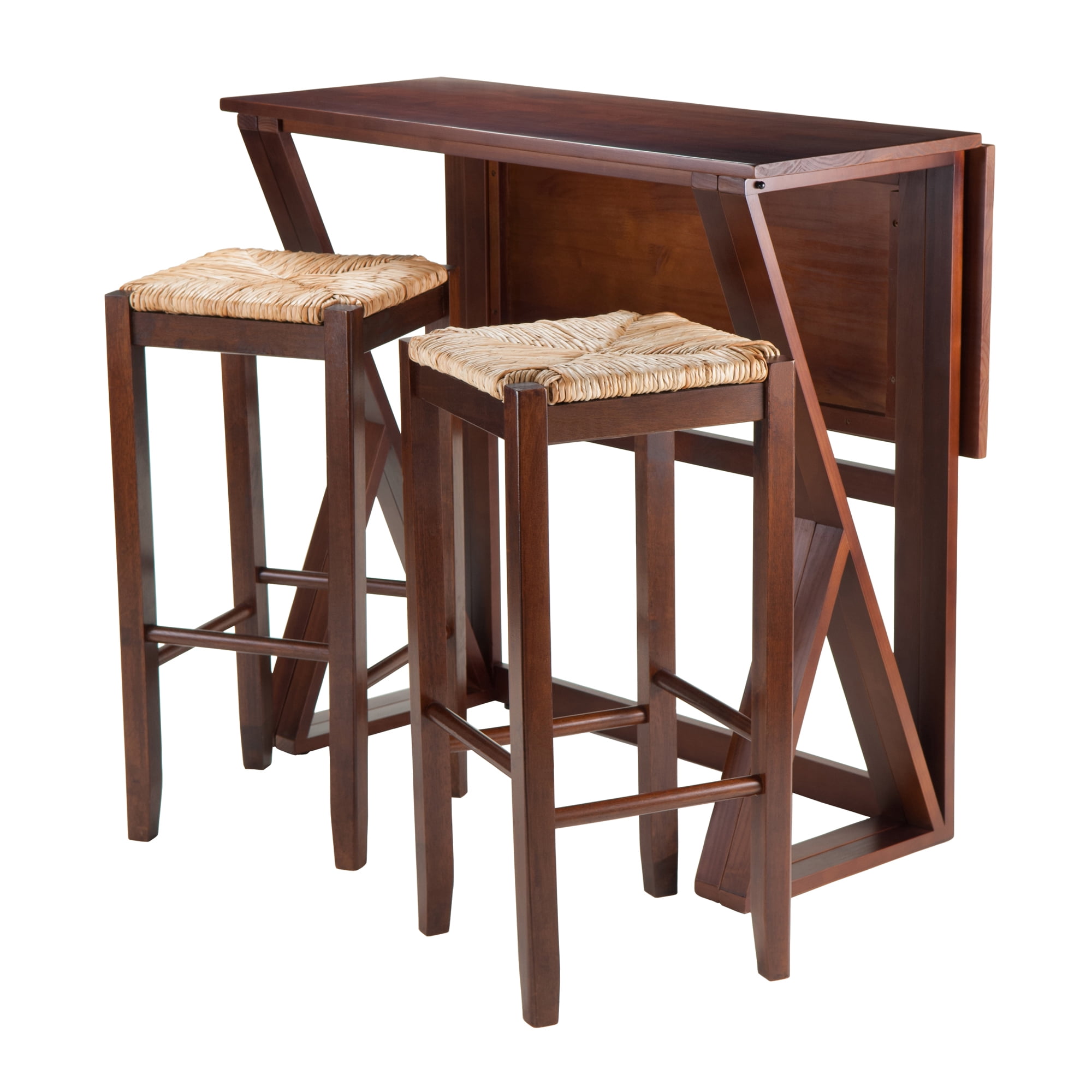 Winsome Wood Harrington 3-Pc Drop Leaf High Table & 2 Rush Seat Bar Stools, Walnut Finish