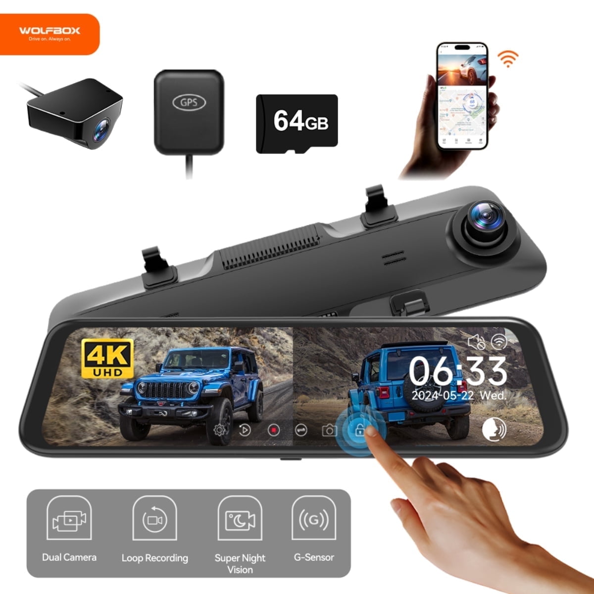 WolfBox Dash Cam, Dashcam 4K in Wifi& GPS, 12'' 4K+1080P Rear View Mirror Dash Cameras with Super Night Vision, See the license plate clearly, Free 64GB Card
