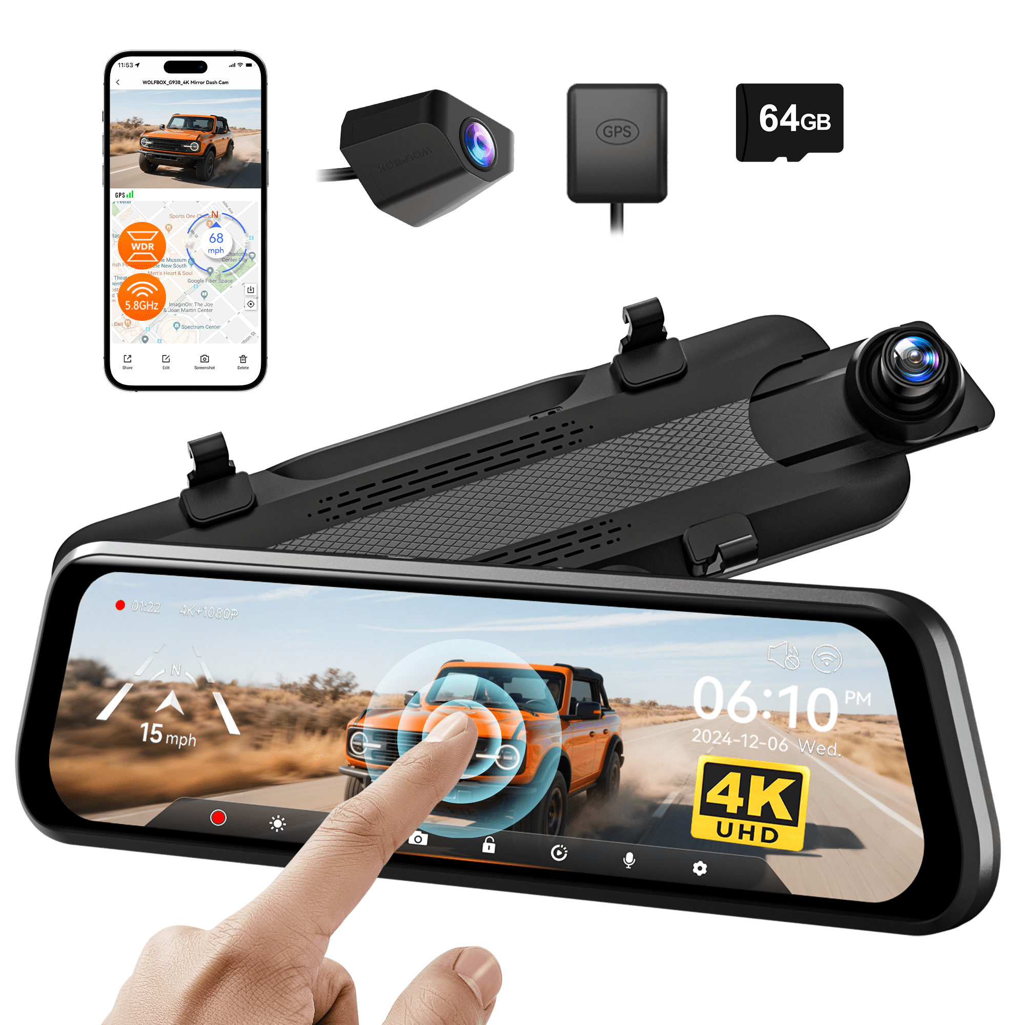 WolfBox 10" Touch Screen Dash Cam Front and Rear, 4K+1080P Rear View Mirror Backup Car Camera with Night Vision, GPS, Free 64GB Card