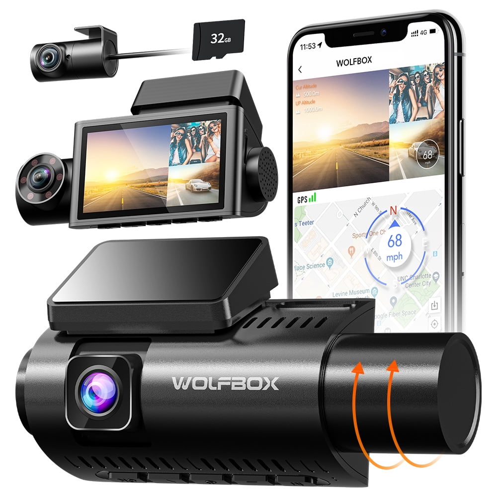 WolfBox 3 Channel4K Dash Cam, 2.5K+1080P+1080P Dash Cam for Cars, Dash Camera with 3" LCD Display, Super IR Night Vision, Built-in WiFi & GPS, Free 32GB Card