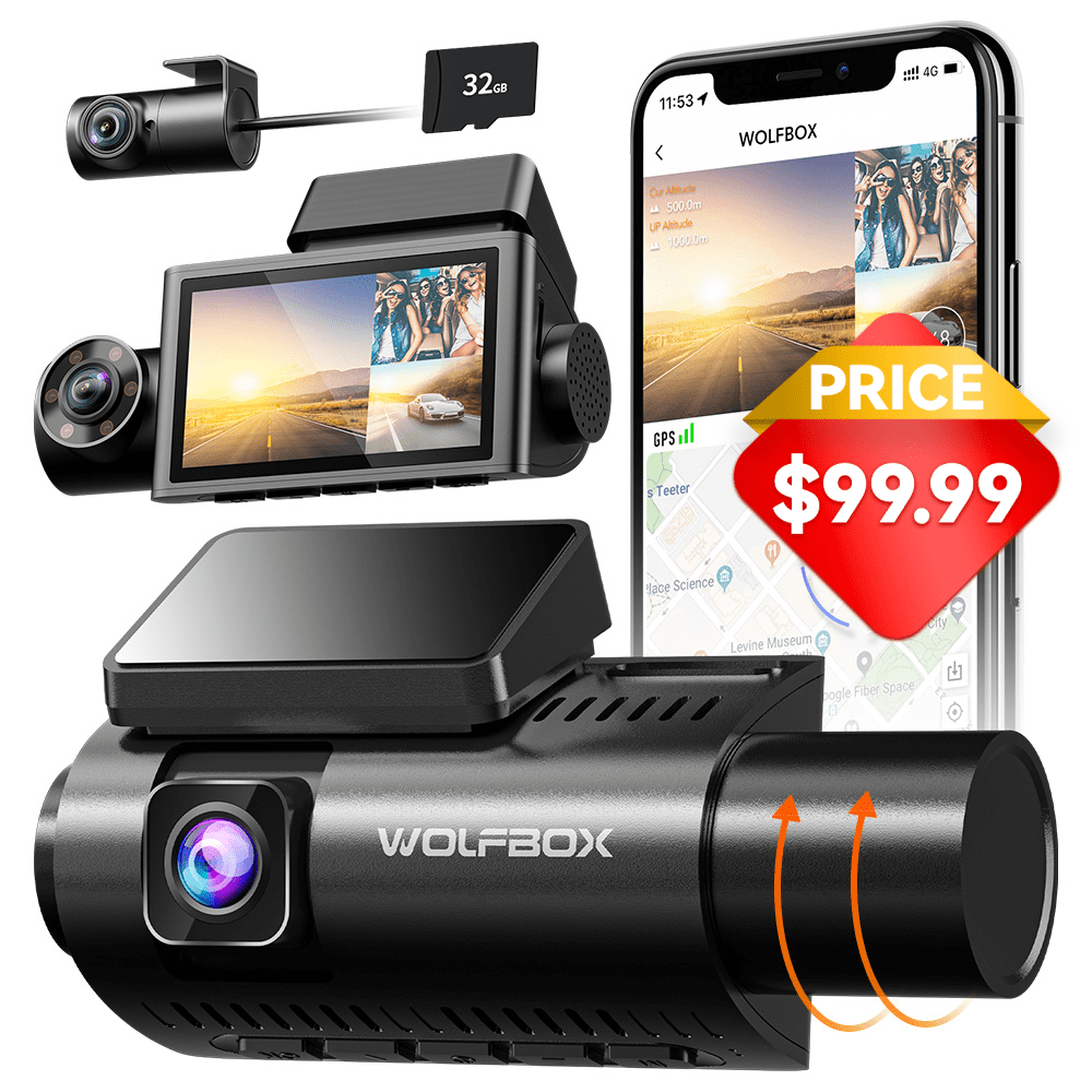 WolfBox 3 Channel Dash Cam, 4K/2.5K+1080P+1080P Dash Cam for Cars, Dash Camera with 3" LCD Display, Super IR Night Vision, Built-in WiFi & GPS, Free 32GB Card