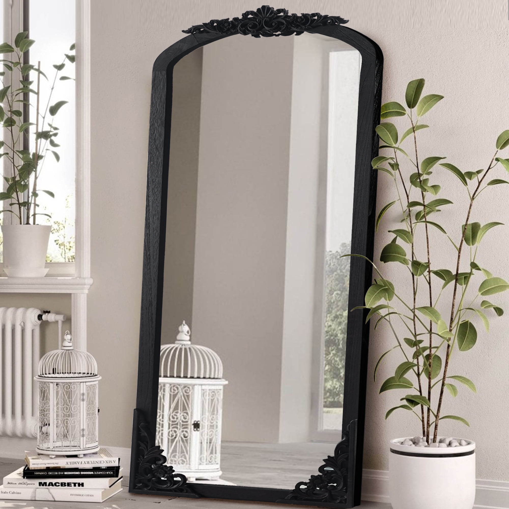 Wooden Arch Mirror Wall Mirror Vintage Decorative Mirror for Living Room Bedroom 71"x31",Black
