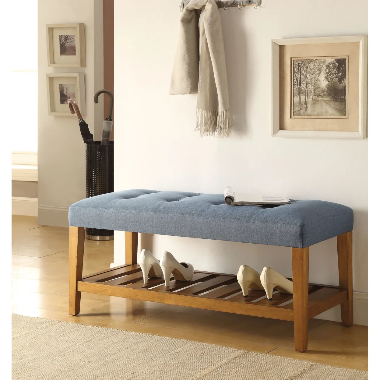 ACME Charla Wood and Fabric Bench in Blue and Oak