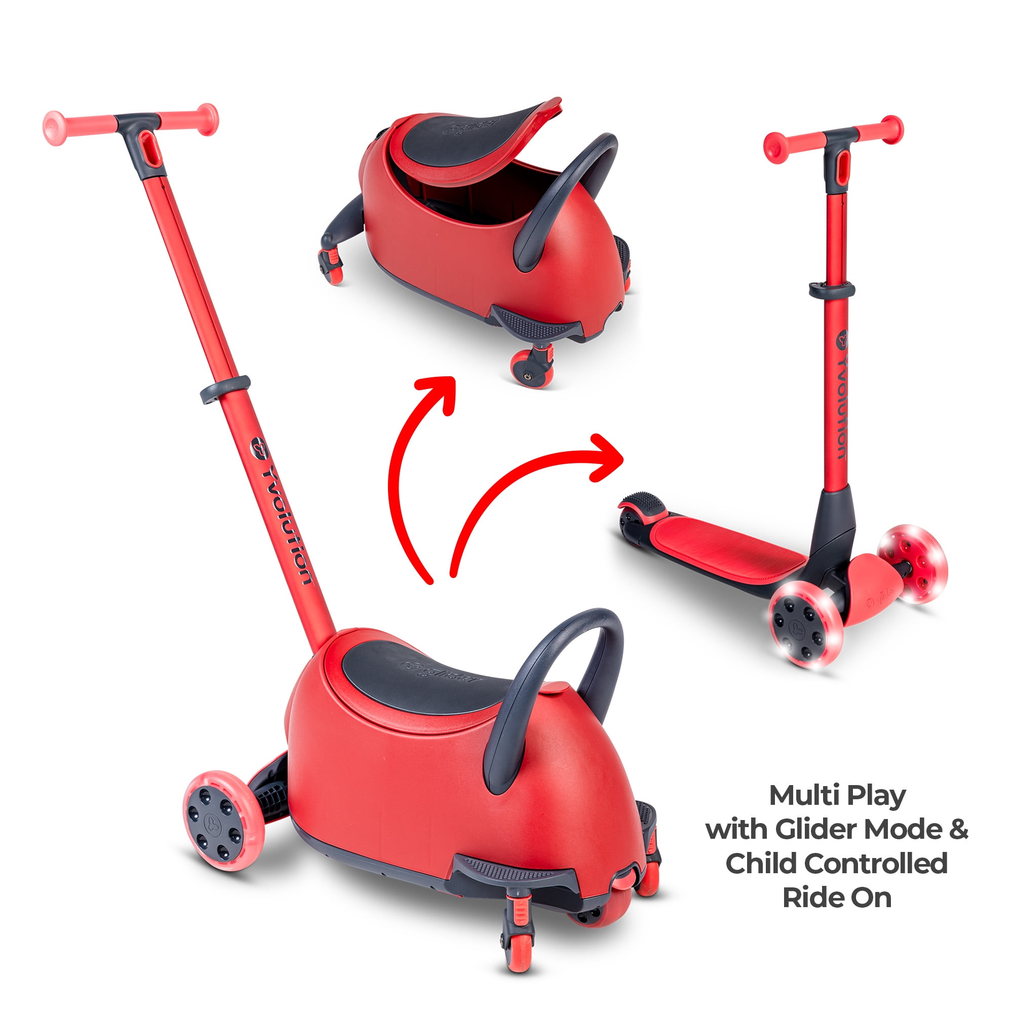 Yvolution Y Glider Luna, 3-in-1 Ride-on Toy to Kids Kick Scooter LED Light-up Wheels Red Unisex