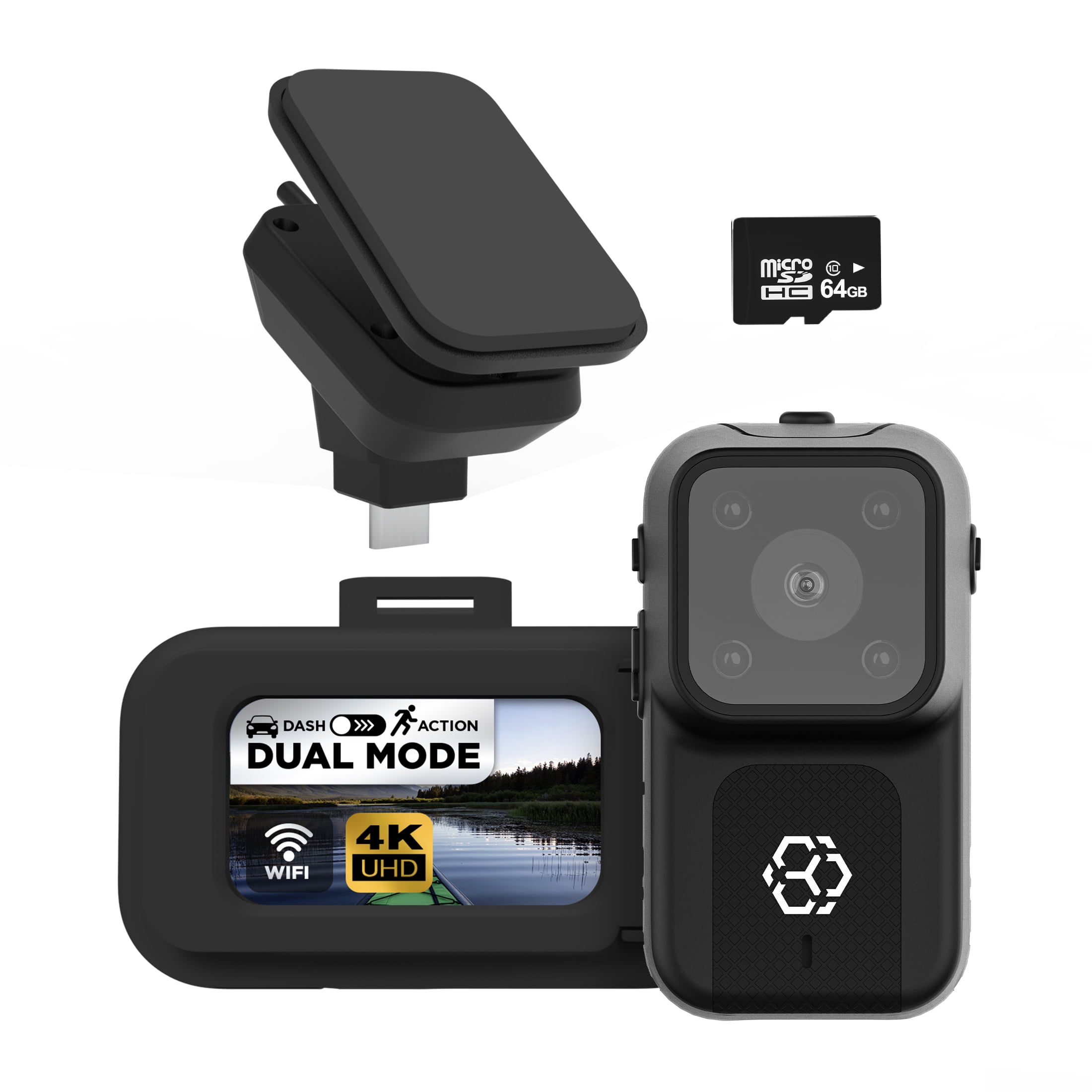 YADA BEON 4K Mini Dash Cam Action Body Cam 2-in-1, App Compatible, WiFi, GPS and Smart G-Sensor, 680mAh Battery, 64GB SD Card Included, BEON3BK