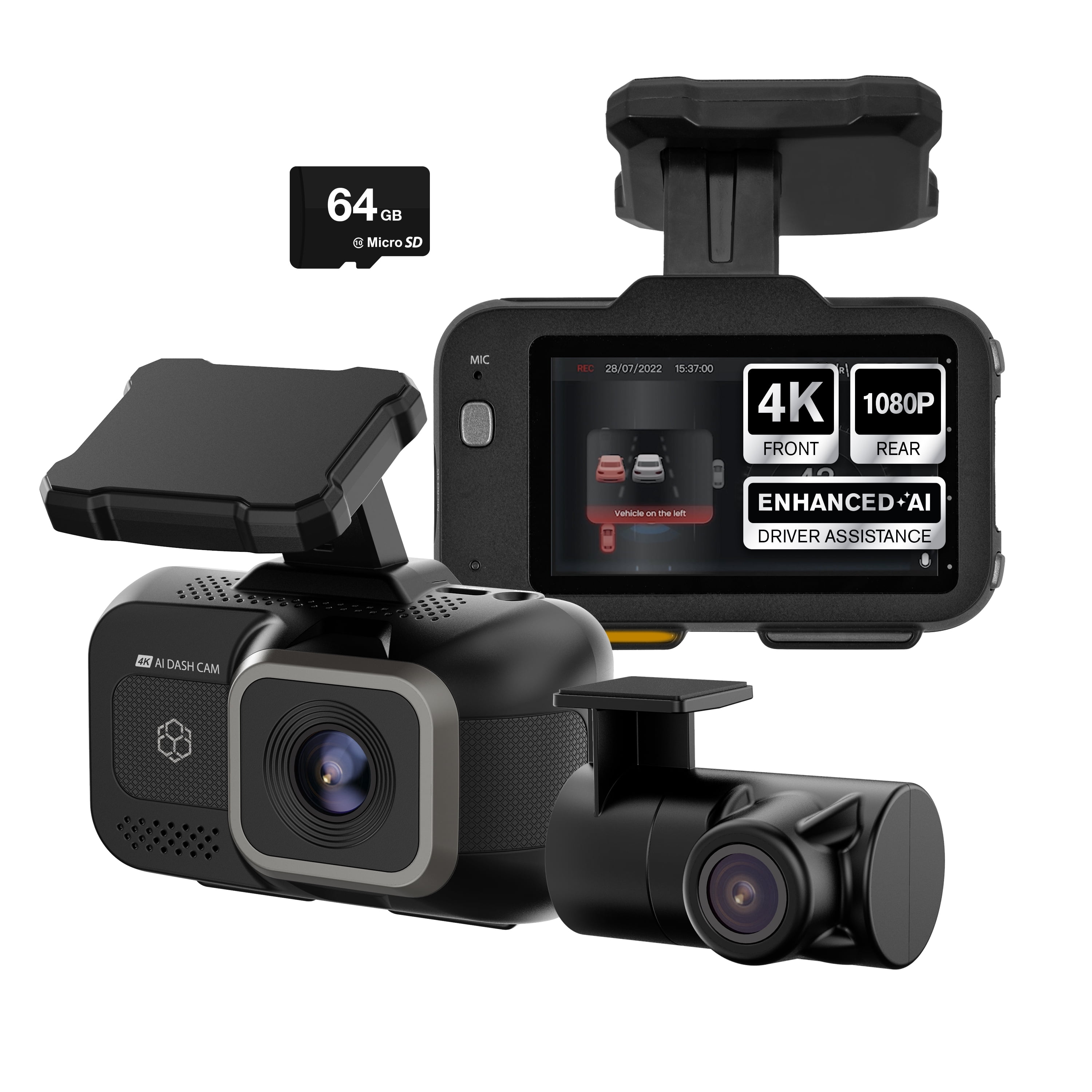 YADA Roadcam AI PLUS, AI-Powered 4K Dash Cam with 1080p Rear Cam, Full-Coverage Driver Assistance