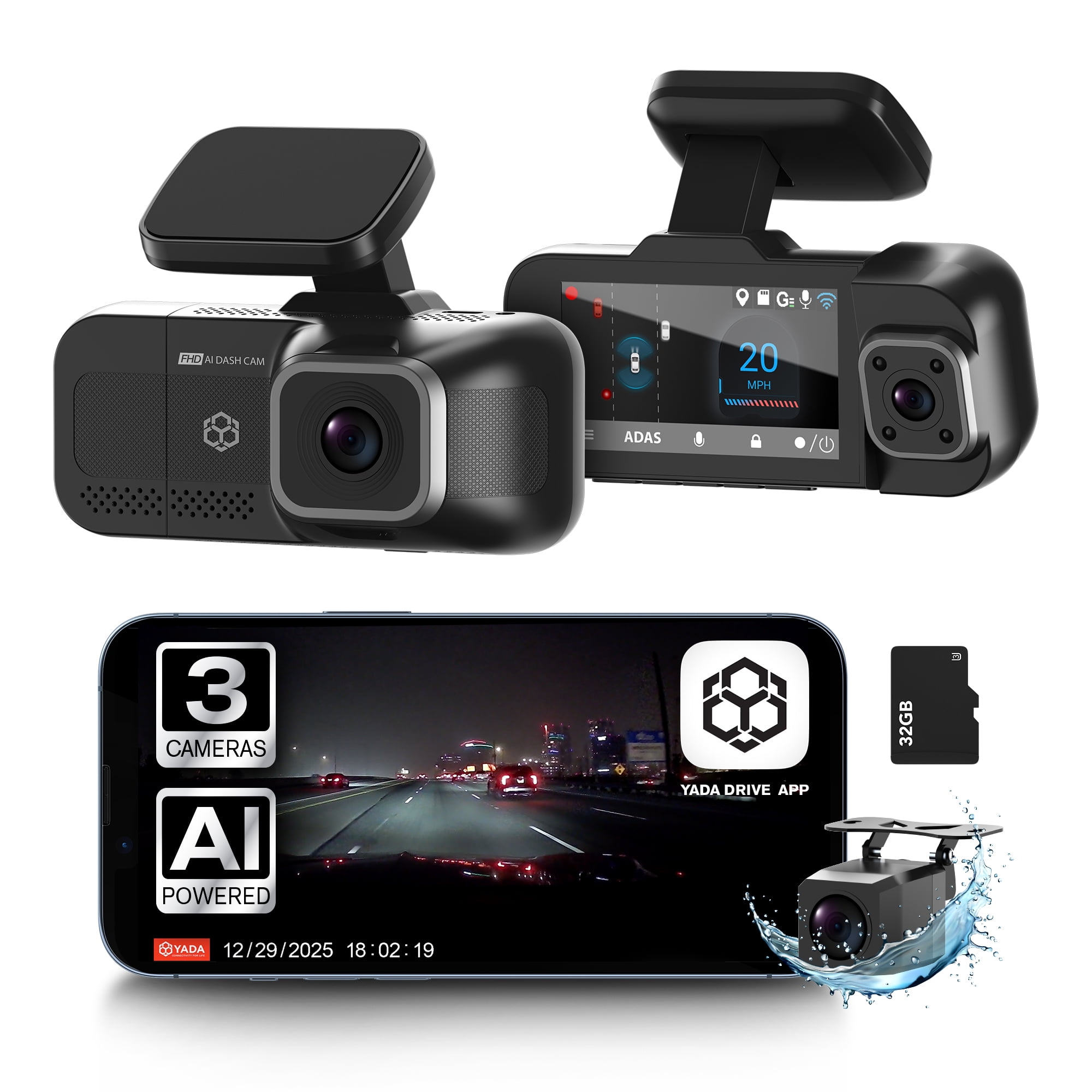 YADA Roadcam AI 3-Channel Dash Cam with AI-Powered Driver Assistance, Front Interior Rear Full-Coverage 1080p, BT534582