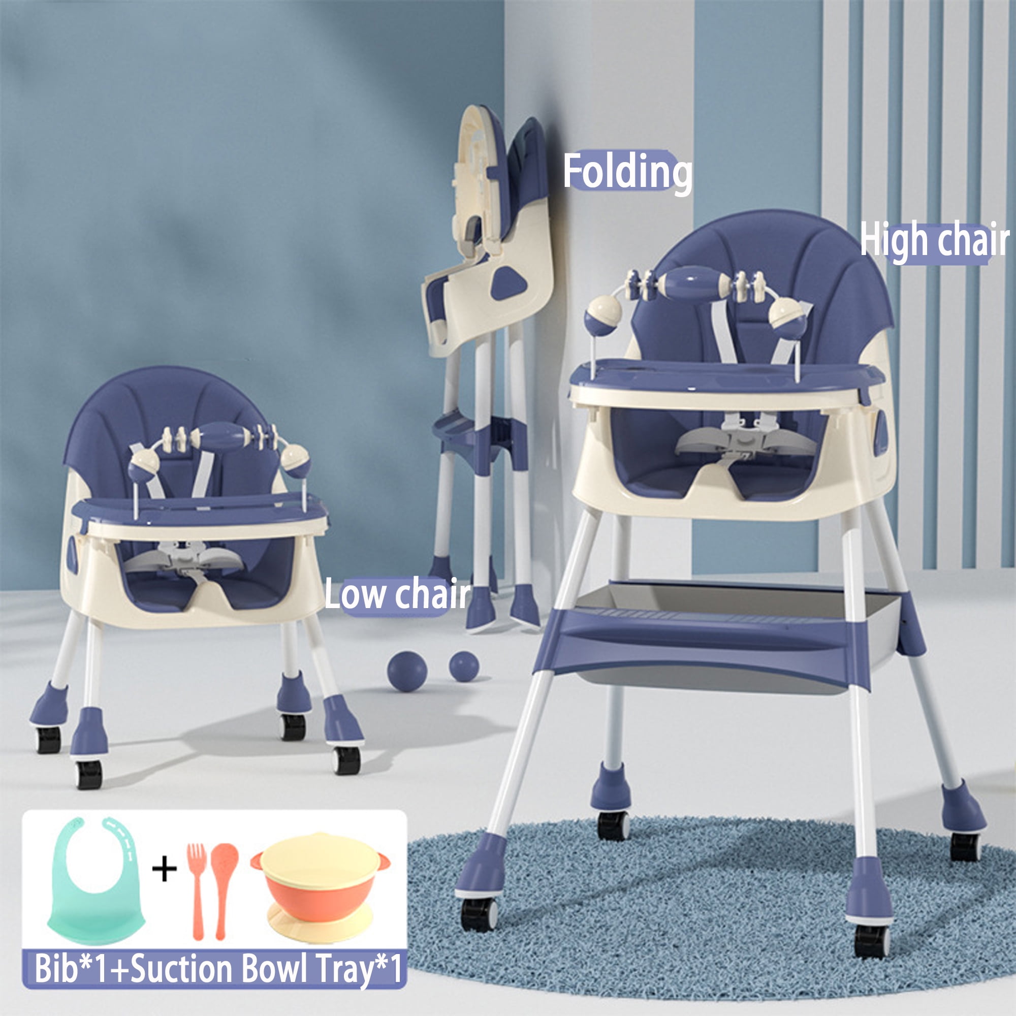 YANAOFFE Baby High Chair 4-in-1 Convertible Baby Highchair with Double-Layer Tray and Toy, Blue