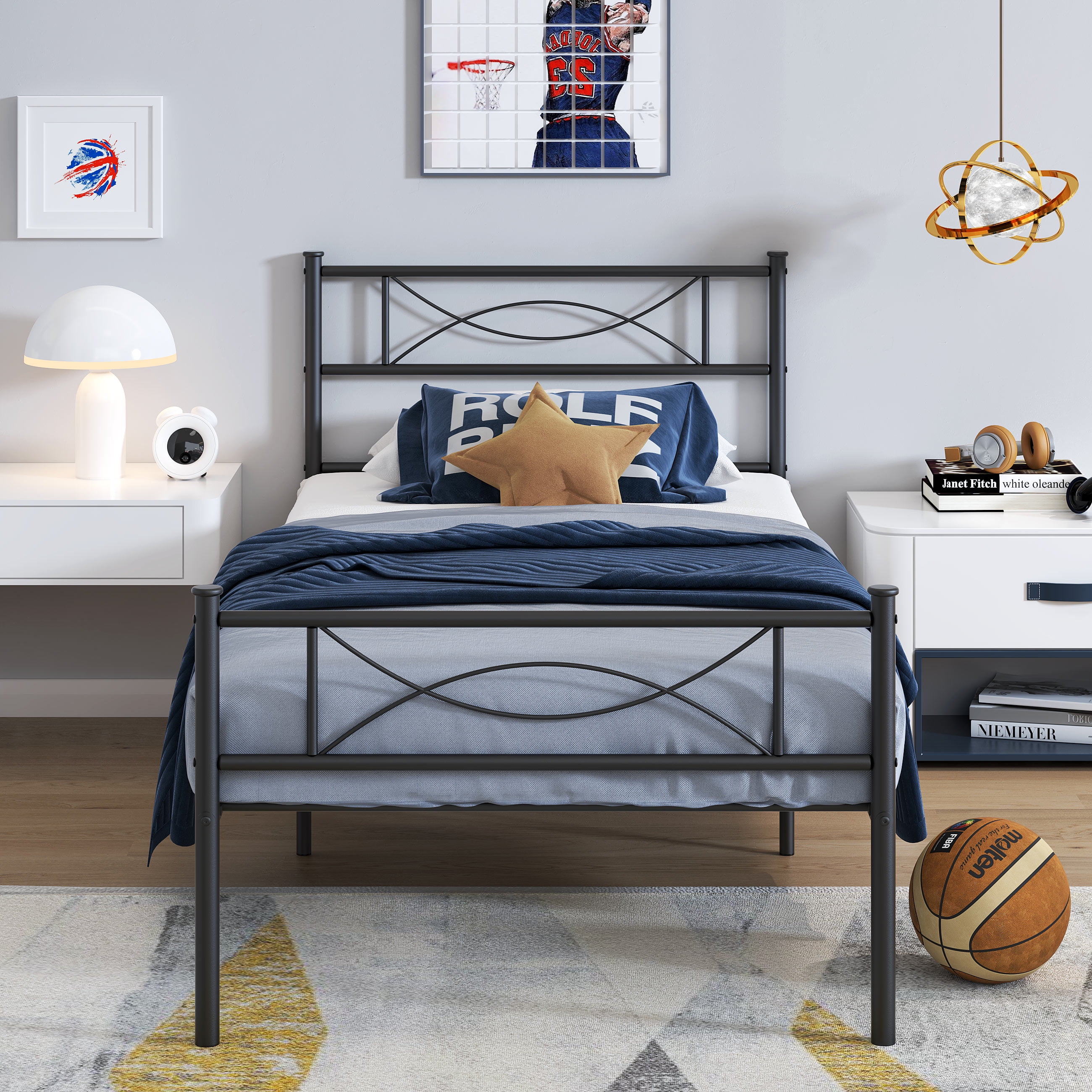 Yoneston Kids Twin Size Metal Platform Bed with Bowknot Headboards Easy Assembly (Mattress Not Included), Black