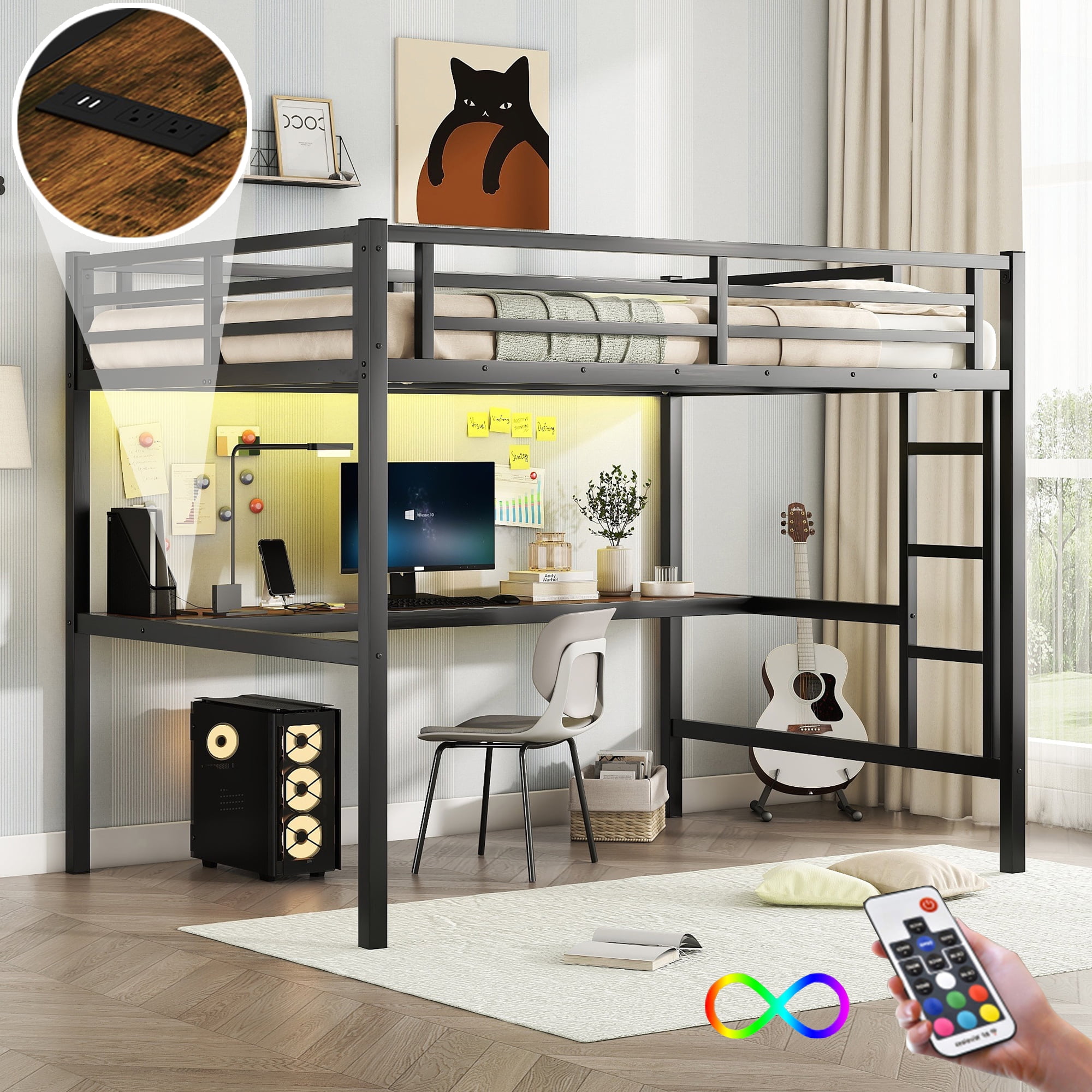 Yoneston Metal Full Loft Bed with Desk Power Outlet & LED Light Kids Loft Bed Frame with Full-Length Guardrail, Black