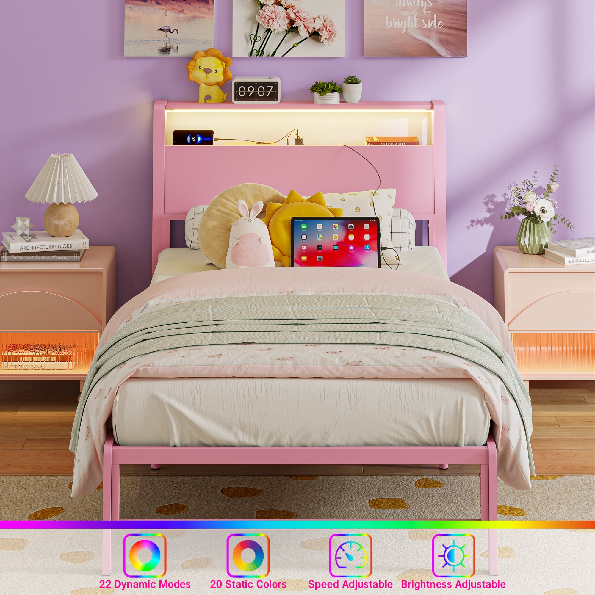 Yoneston Power Outlet LED Light Twin Metal Platform Bed Frame with 2-Tier Storage USB Port Charging Station Headboard for Kids Boys Girls Adults, Pink