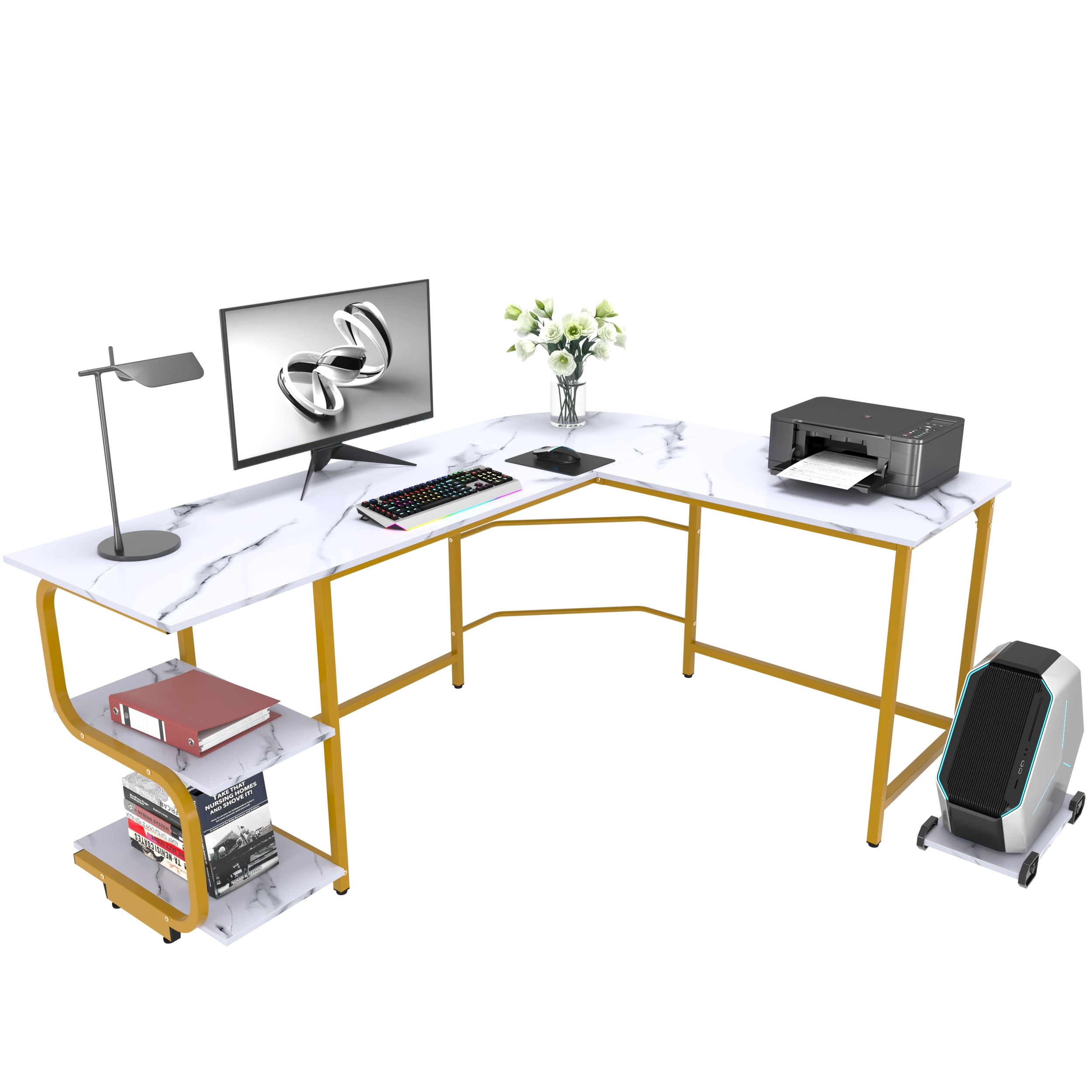 Yoneston Reversible L-Shaped Computer Desk with 2-Tier Storage Shelves for Home Office