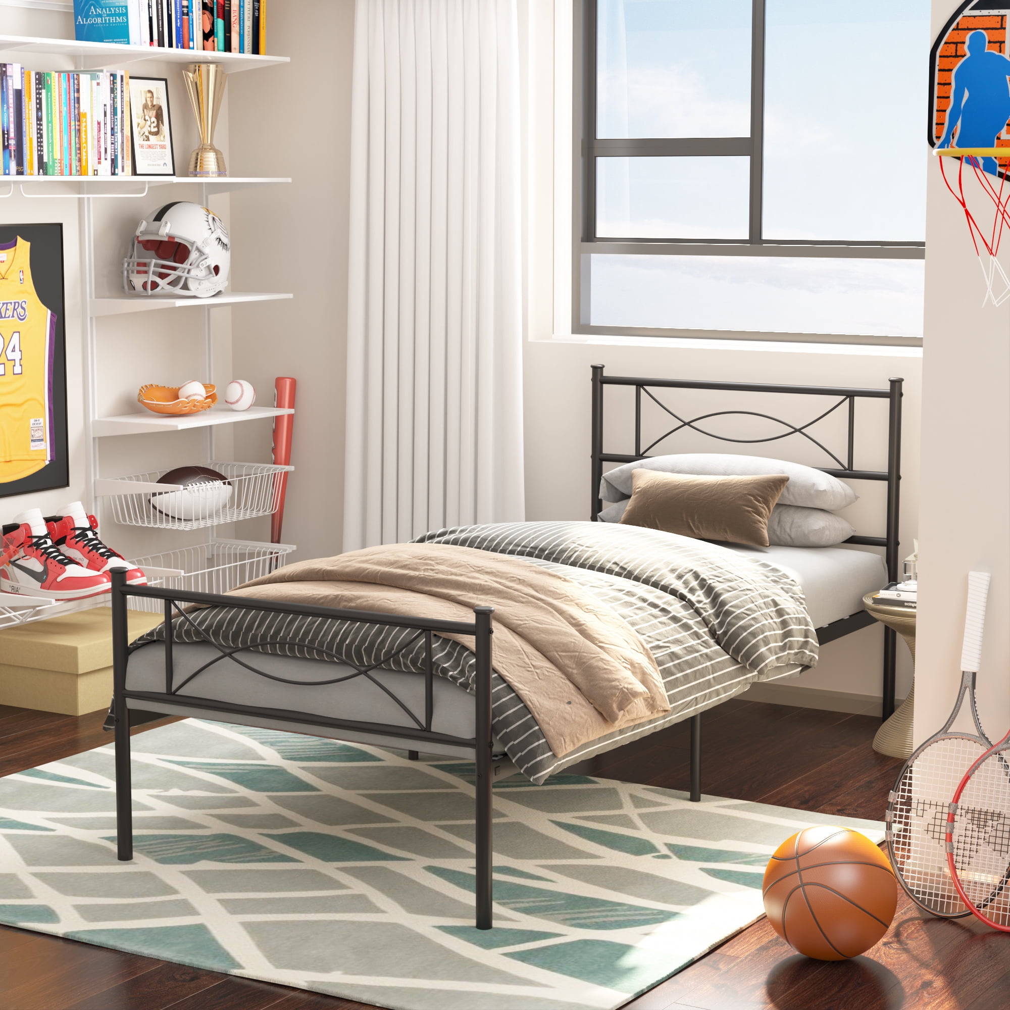 Yoneston 12.7" High Metal Platform Bed Frame with Two Bowknot Headboards Easy Assembly Twin Size Single Bed Frame for Kids