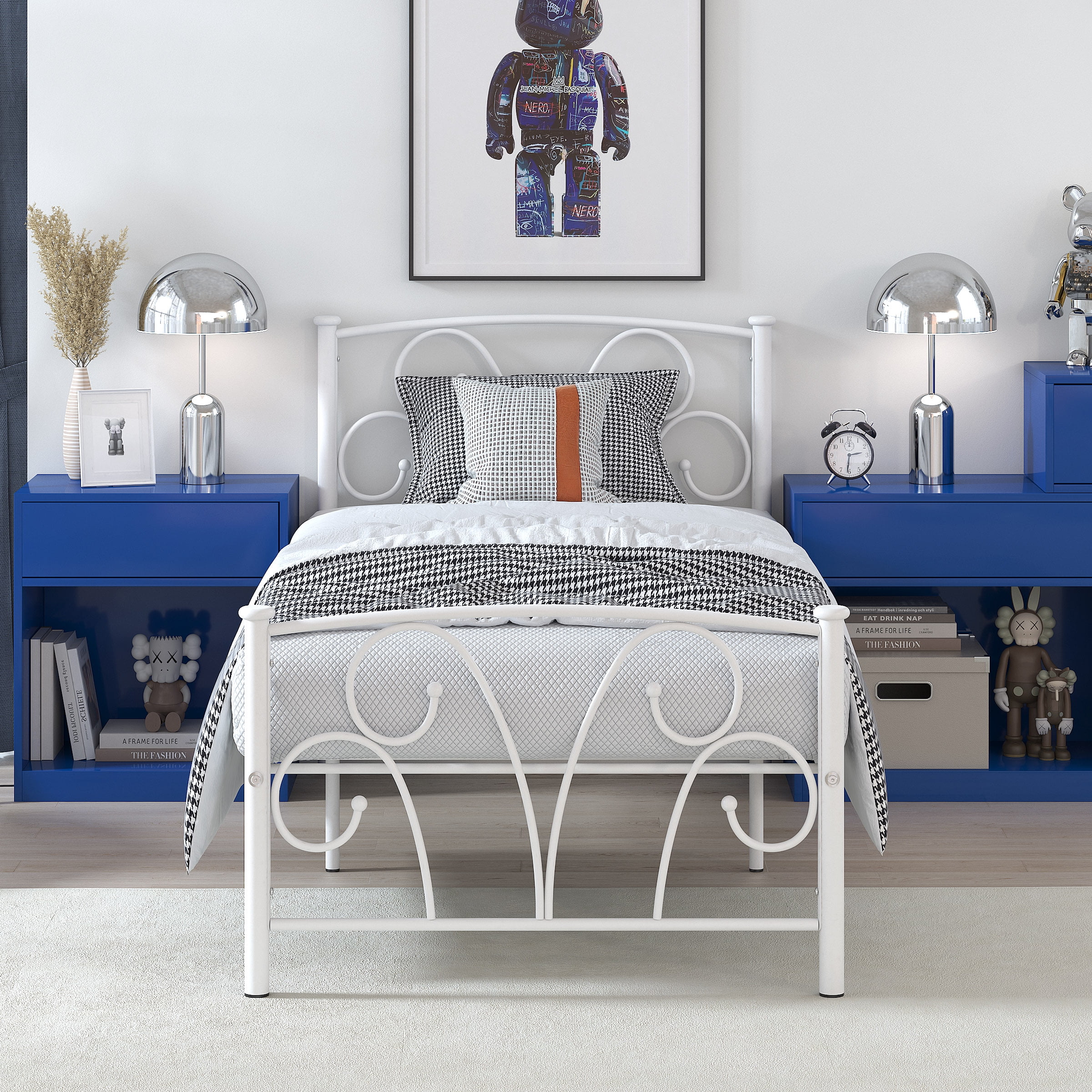 Yoneston 14" Twin Metal Platform Bed Frame with Creative Headboard,White