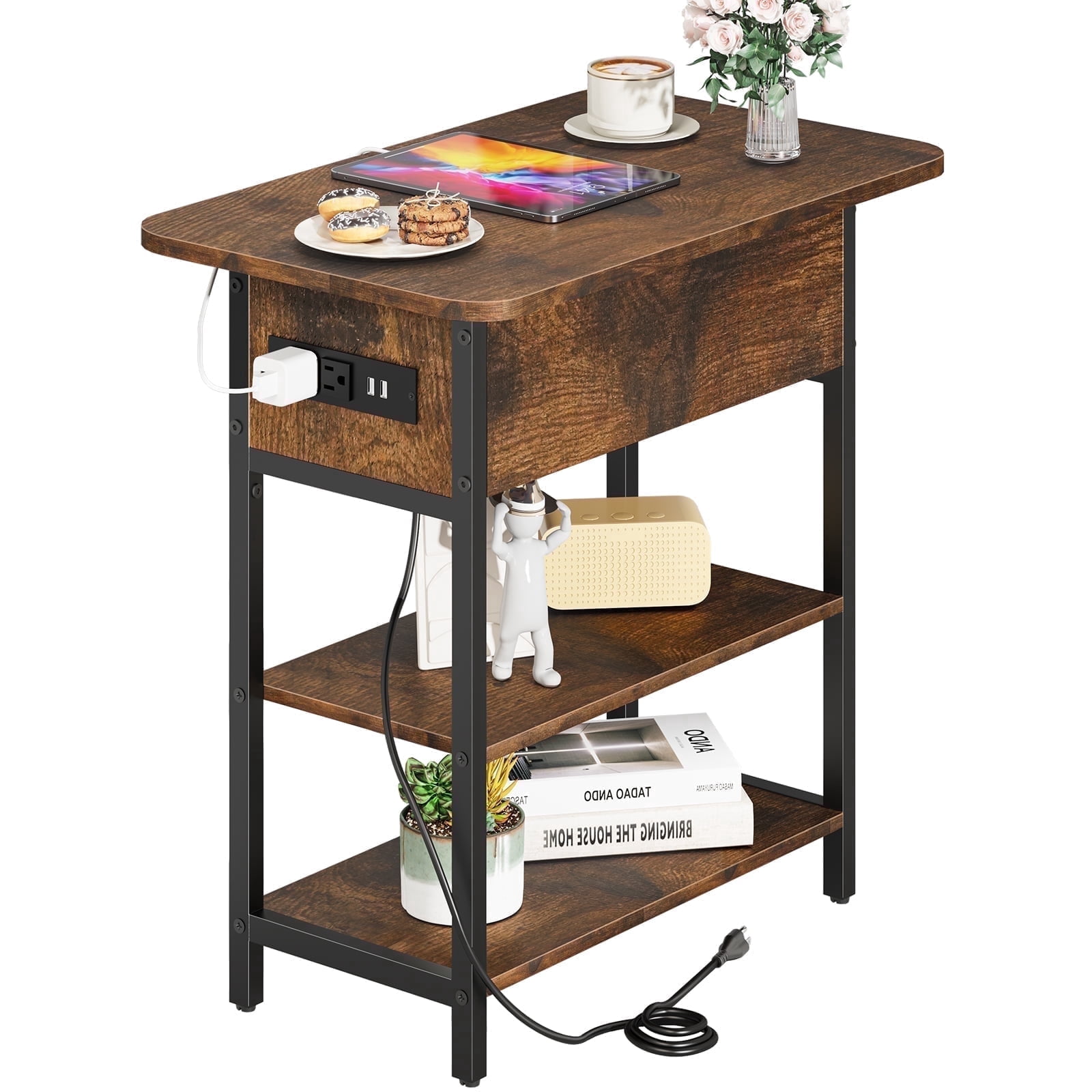 End Table with Charging Station, Flip Top Side Table for Living Room, Bedroom, Narrow Nightstand Bedside Table with Storage Shelves, Berry Brown