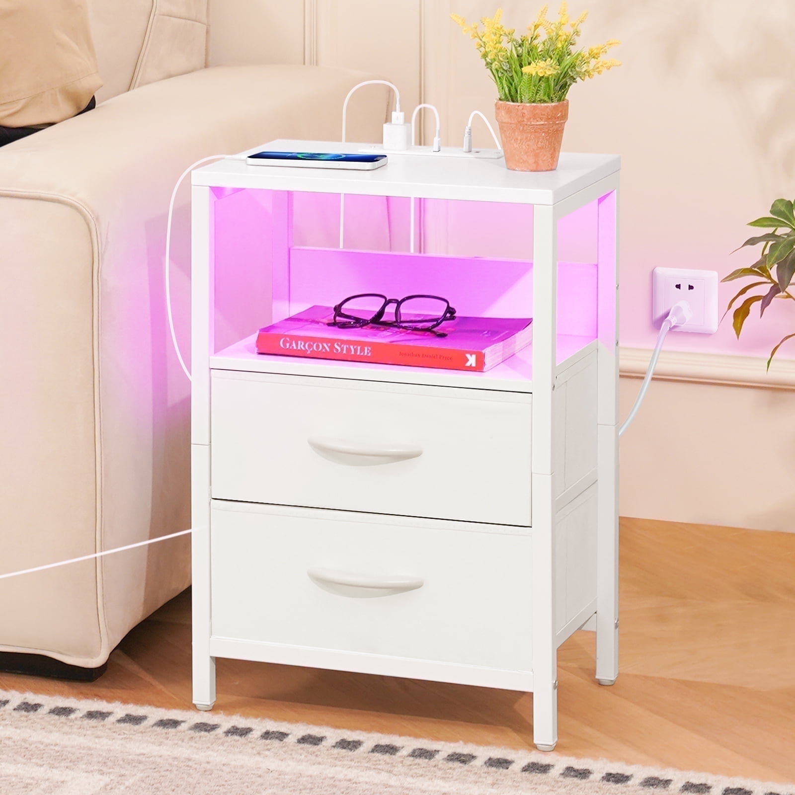 Nightstand with Charging Station, LED Night Stand with Fabric Drawers and Storage Shelf for Bedroom, Small Nightstands Bedside Tables with USB Ports & Outlets,White
