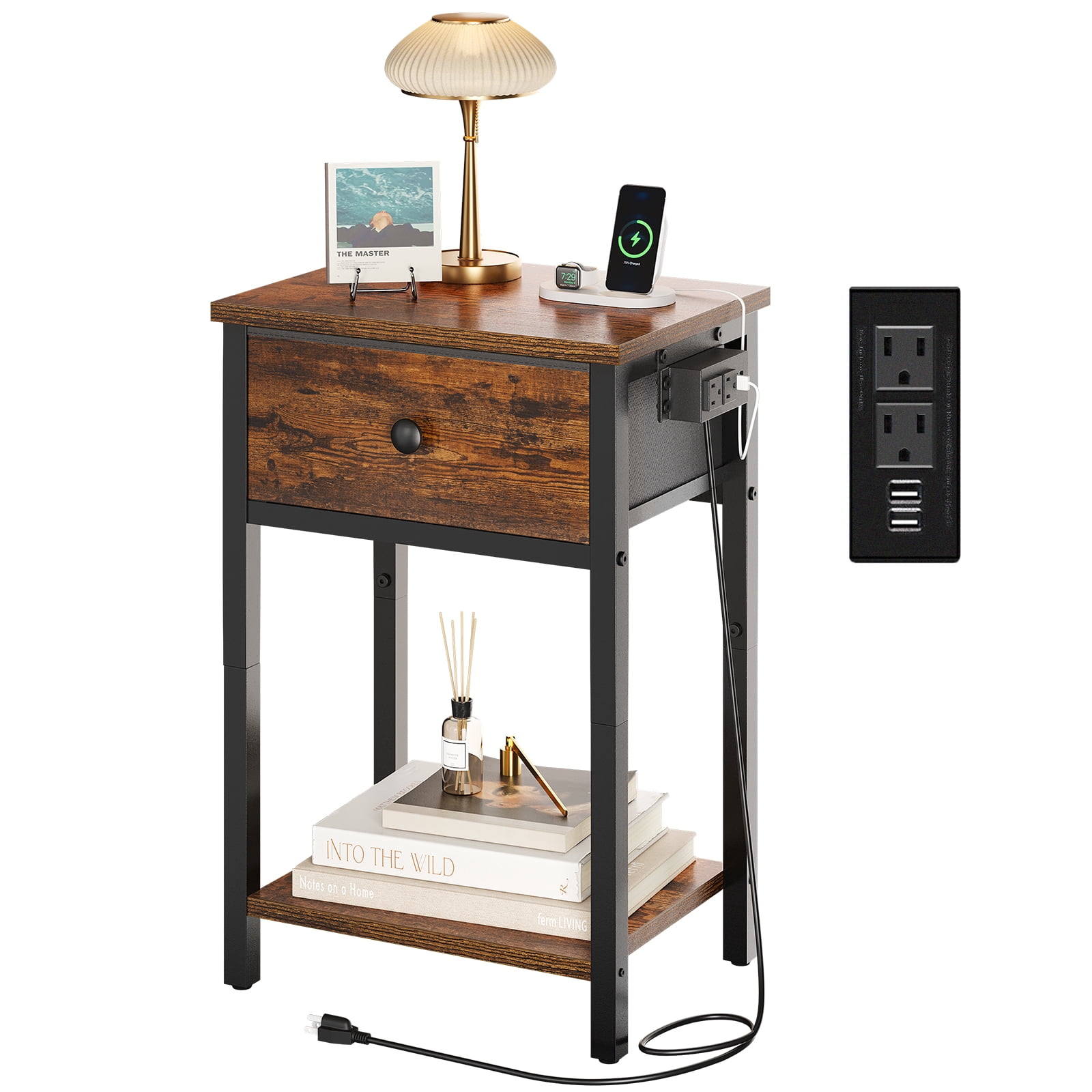 Yoobure Nightstand with Charging Station, Side Table with Large Drawer and Storage Shelf, Rustic Bedside Tables with USB Ports & Outlets for Bedroom,Living Room