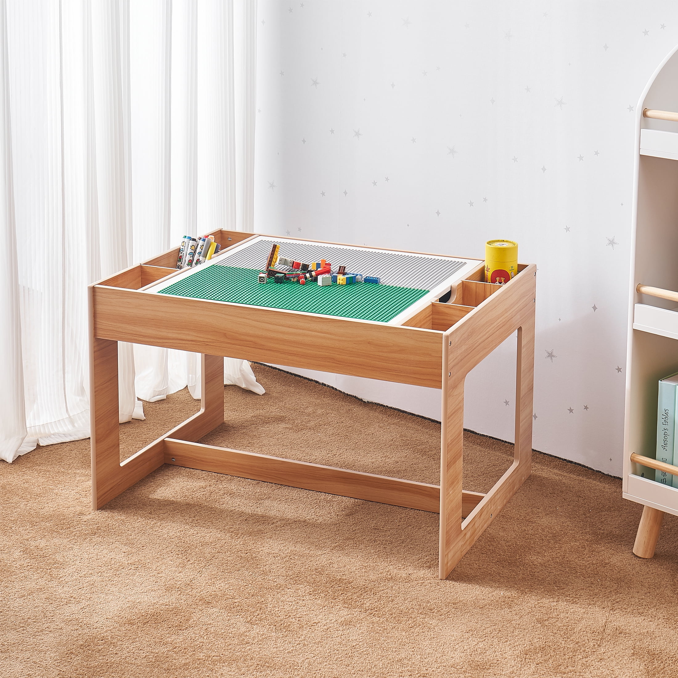 Your Zone Kids 2 in 1 Building Block Storage Play Table, Natural, Age 3 and Up