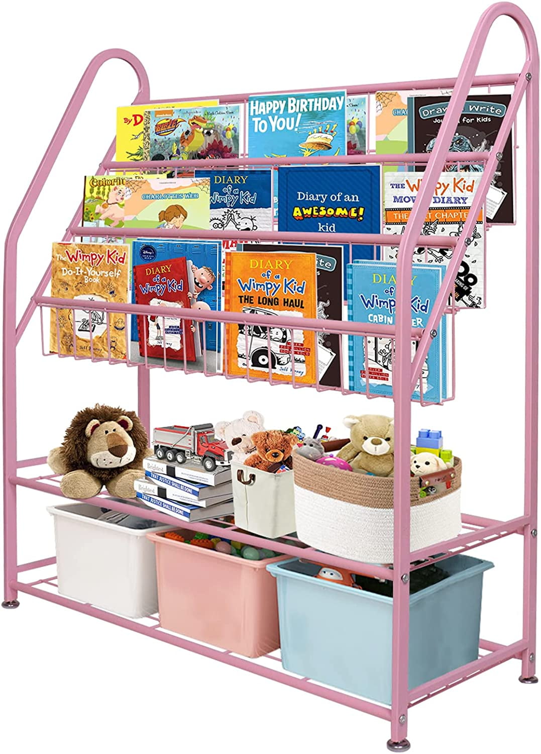 aboxoo Metal Kids Pink Bookshelf Freestanding for Children Girls Room 32 inches Large Toddler Pink Stable Bookcase Bookstore Library Book Unit Storage