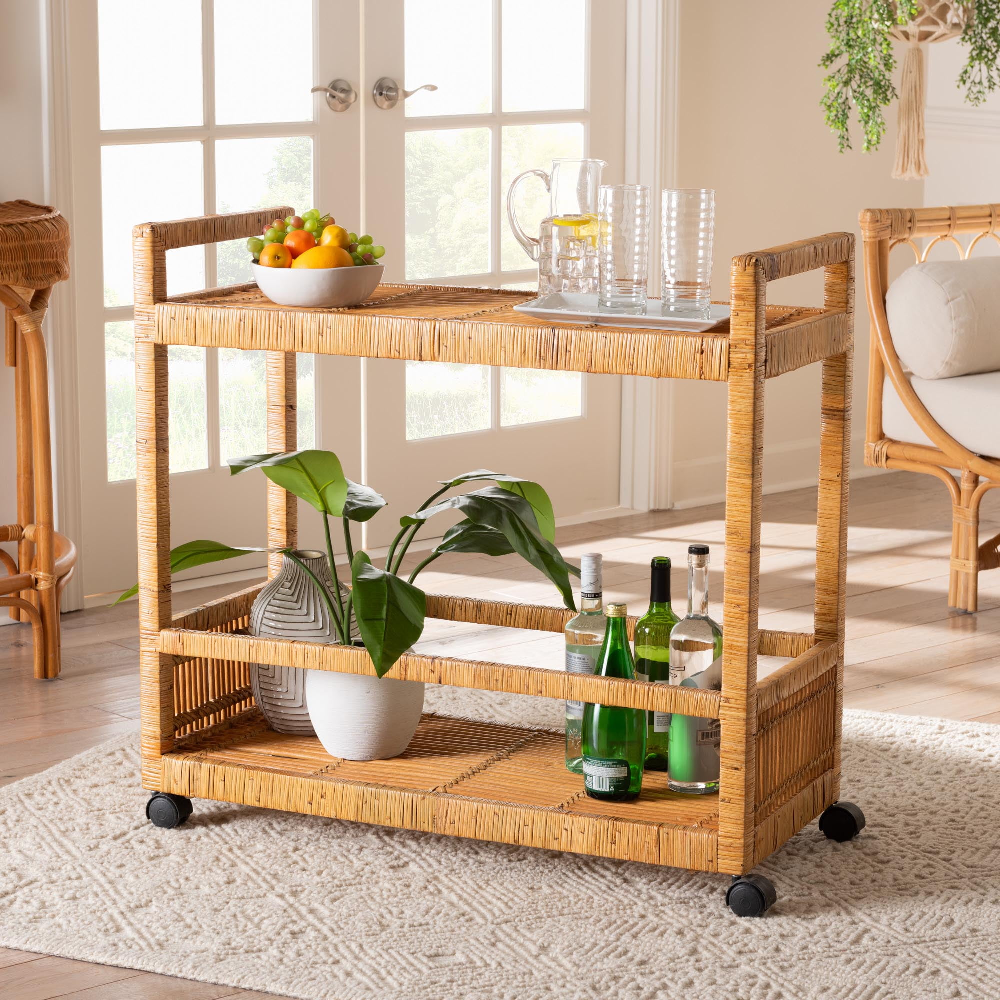 bali & pari Genet Rattan BOHO Kitchen Cart, Natural Brown