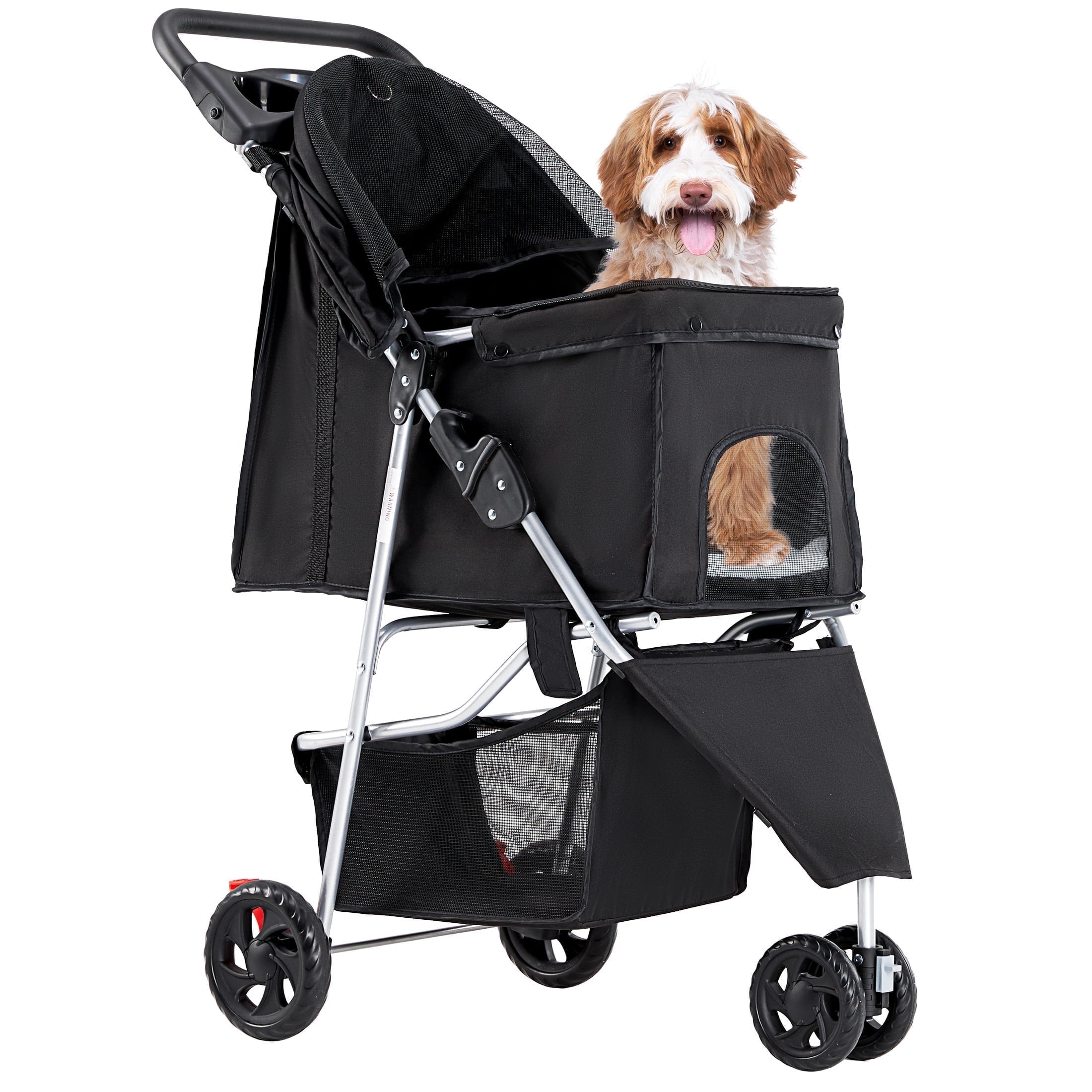 edx 3 Wheels Pet Stroller, Dog and Cat Strollers, With Storage Basket and Cup Holder, Lightweight Travel Carrier, Breathable Mesh, Waterproof and Foldable for Small Pets Outdoor Walk, Black