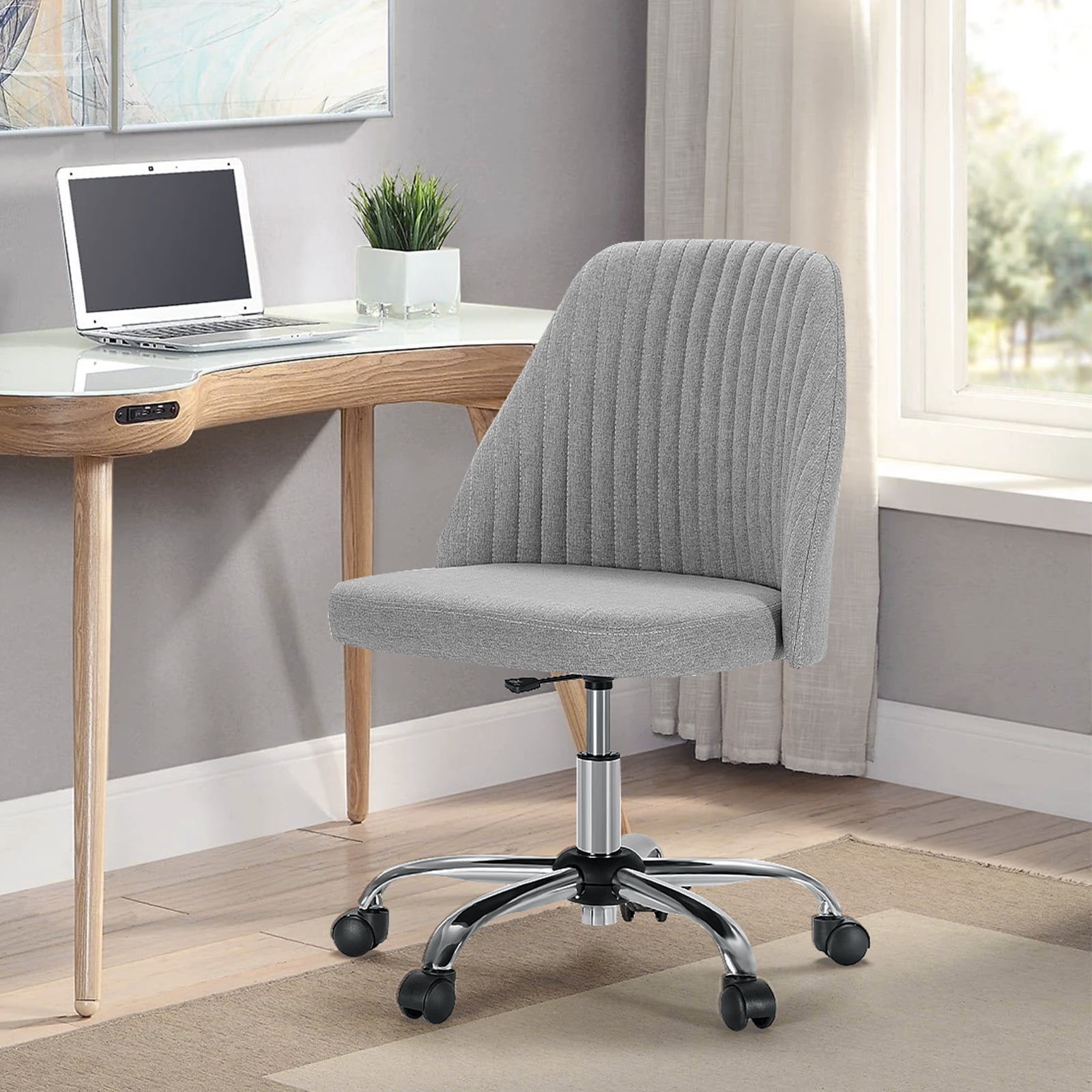 edx Makeup Chair Armless Office Chair With Wheels, Comfortable Home Office Desk Chair, Adjustable Swivel Upholstered Fabric Makeup Task Computer Chair, Gray