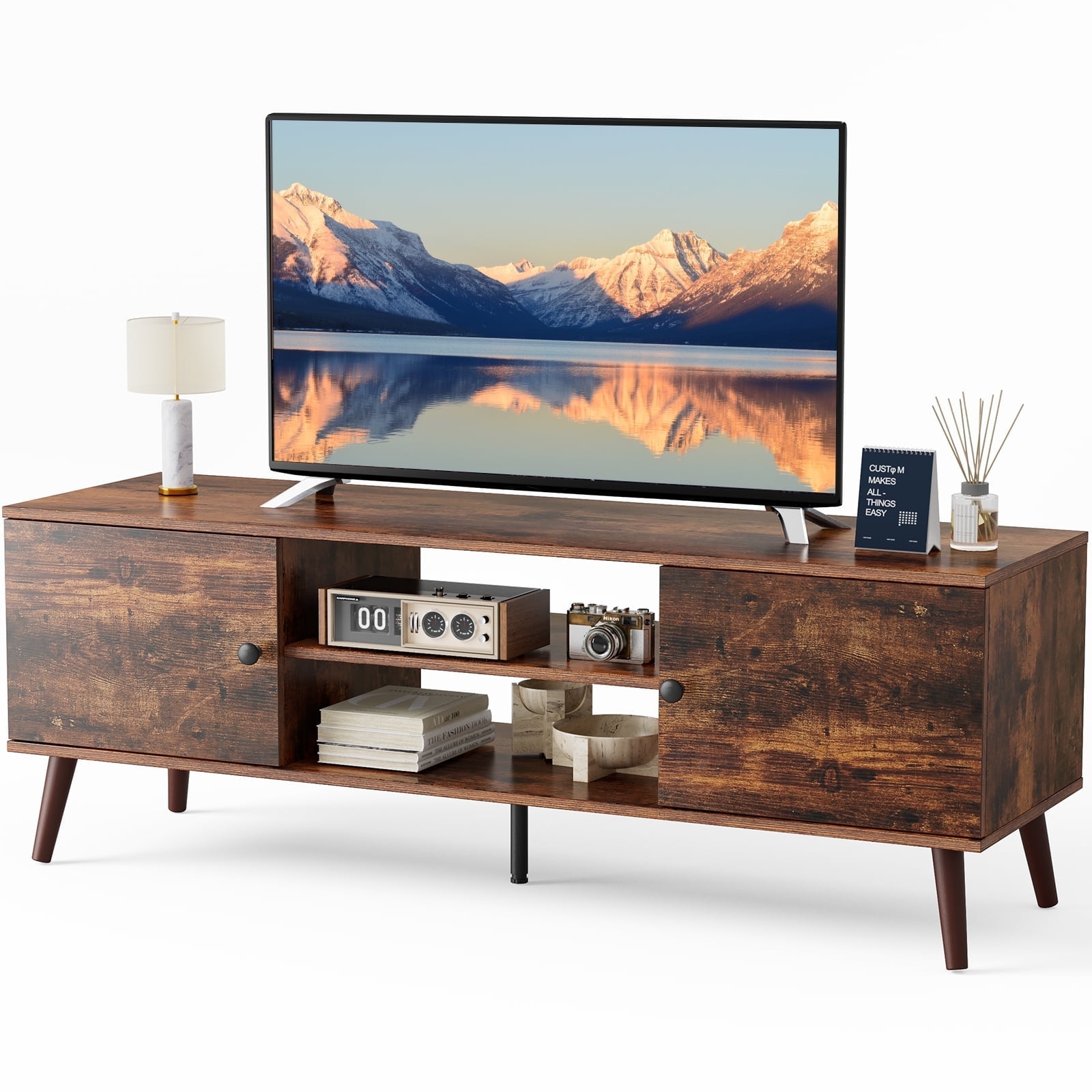 edx Modern TV Stand for 55-60 inch TV, Mid Century Entertainment Centre, Media Console Table with Storage for Living Room, Office, Brown