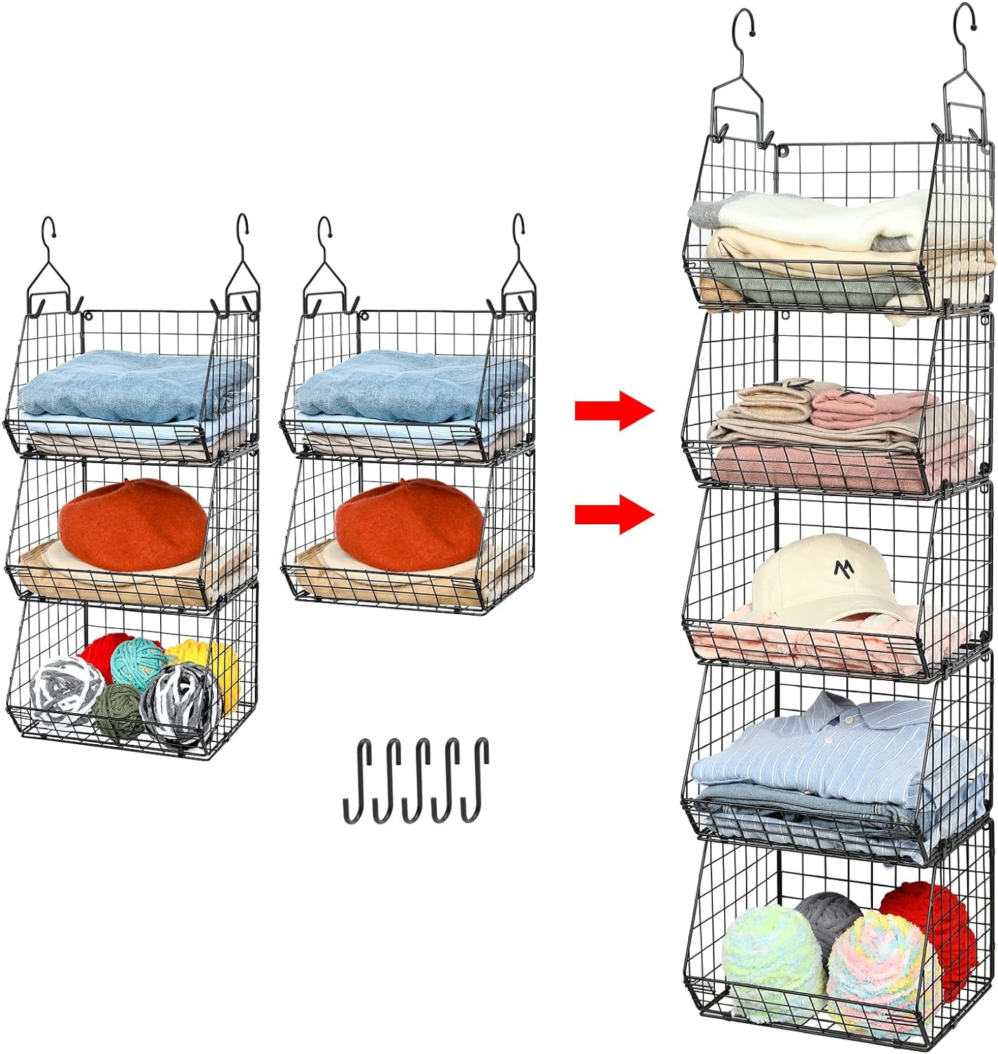 x-Cosrack Hanging Closet Storage Organizer with 5 S Hooks, Closet Organizer and Storage, 5-Shelf Closet Hanging Storage Shelves, Black