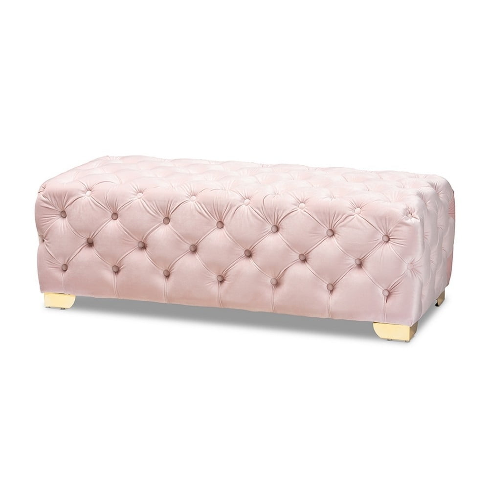 Avara Glam and Luxe Light Pink Velvet Fabric Upholstered Gold Finished Button Tufted Bench Ottoman