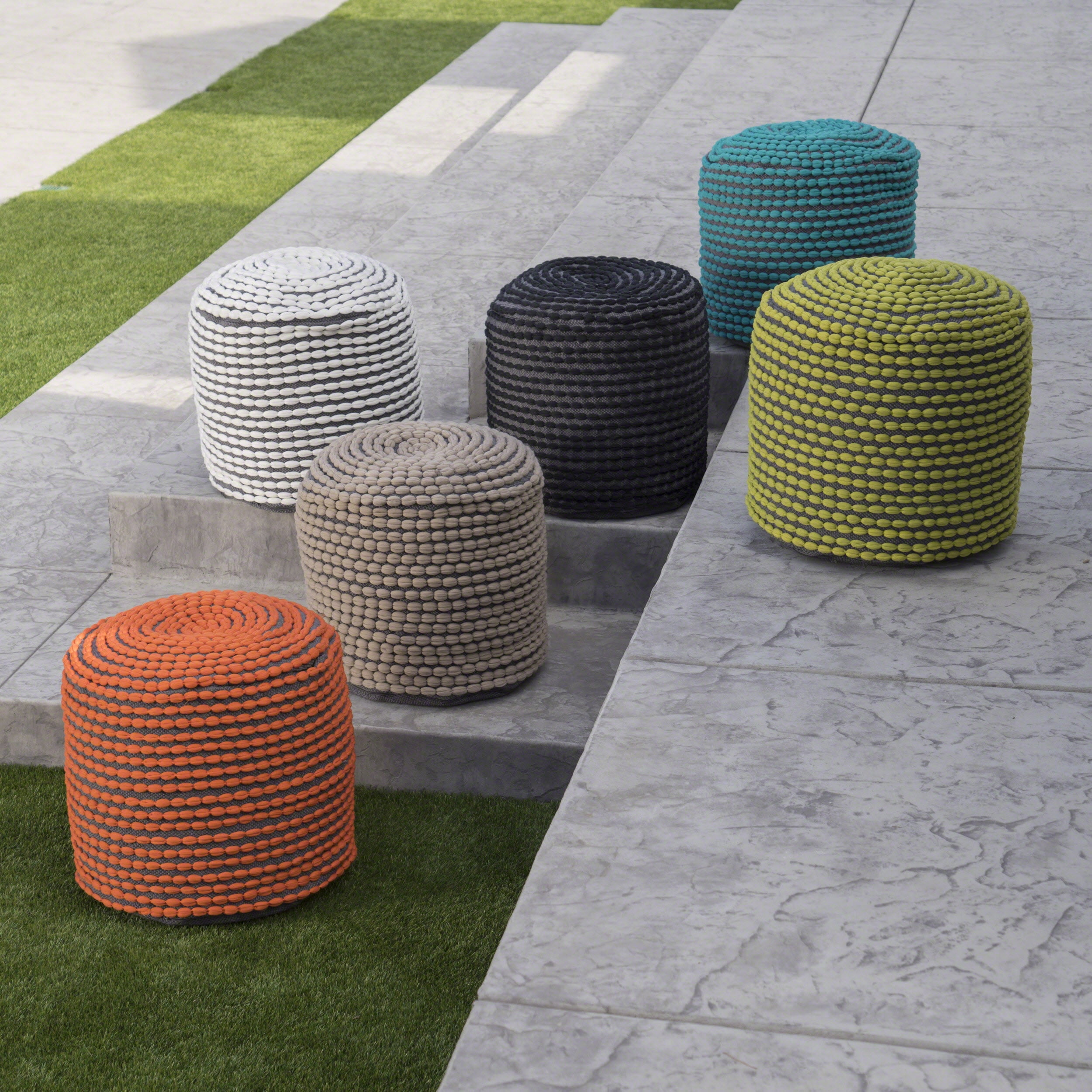 Aaliyah Outdoor Handcrafted Modern Water-Resistant Fabric Cylinder Pouf Ottoman, Green