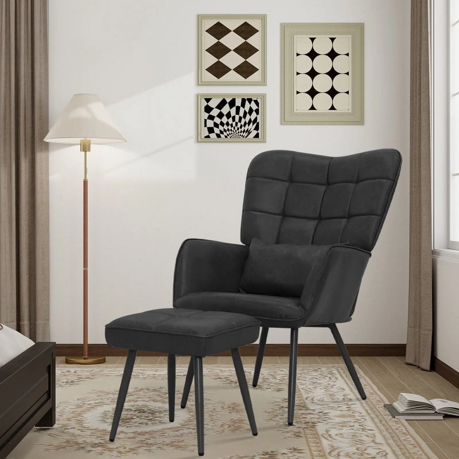 Abble Faux Leather Accent Chair with Ottoman and Toss Pillow for Living Room, Bed Room, Black