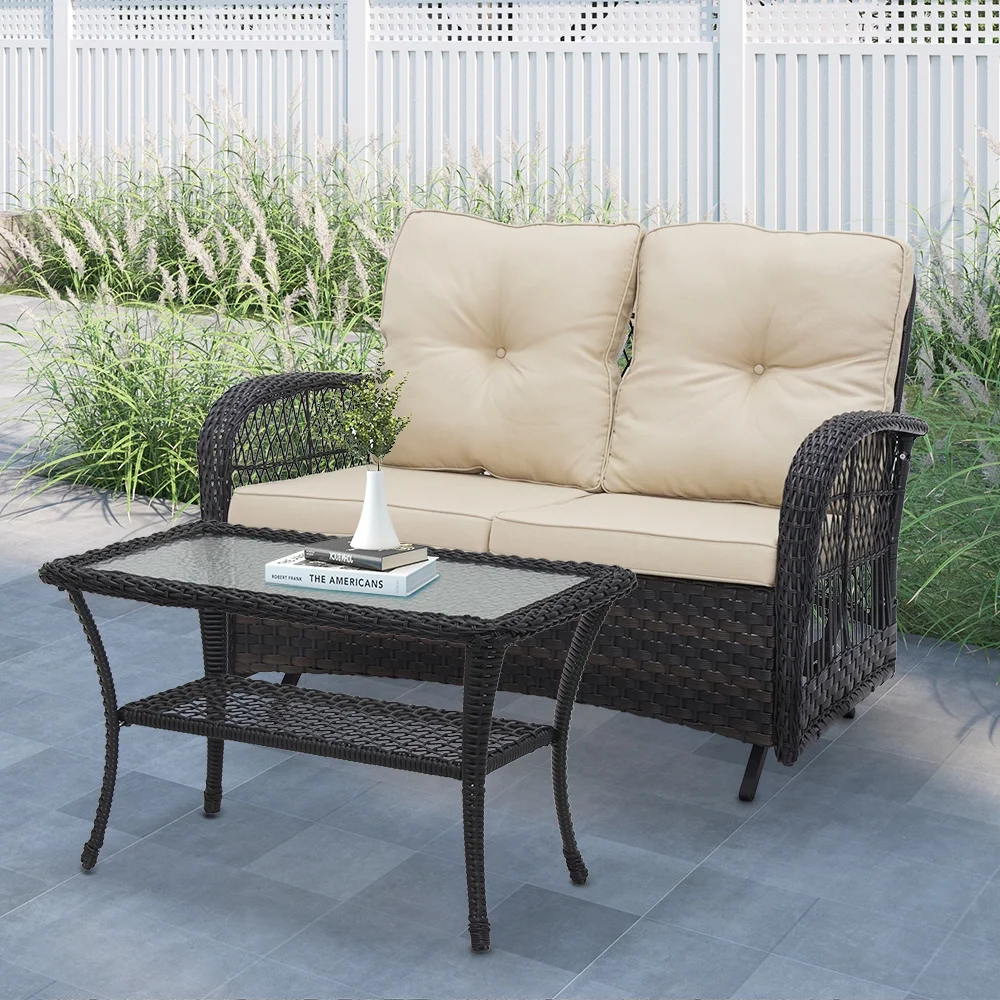Abble Glider Conversation 2 Piece Wicker Seating Group Set with Cushions