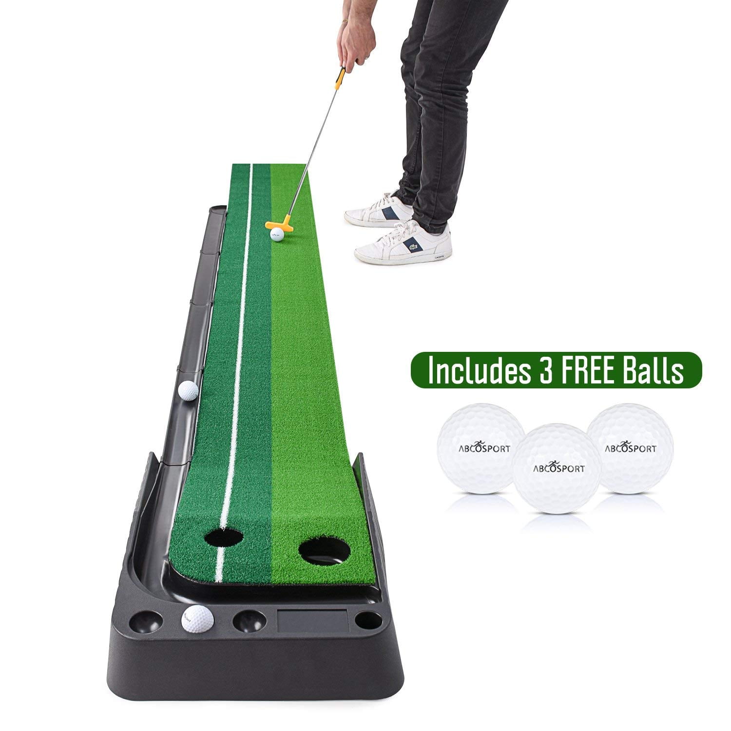Abcosport Indoor Golf Putting Practice Mat – Auto Ball Return Function – Life-Like Portable Golf Court Real-Like Grass – Extra-Long Golf Mat – 3 Bonus Balls