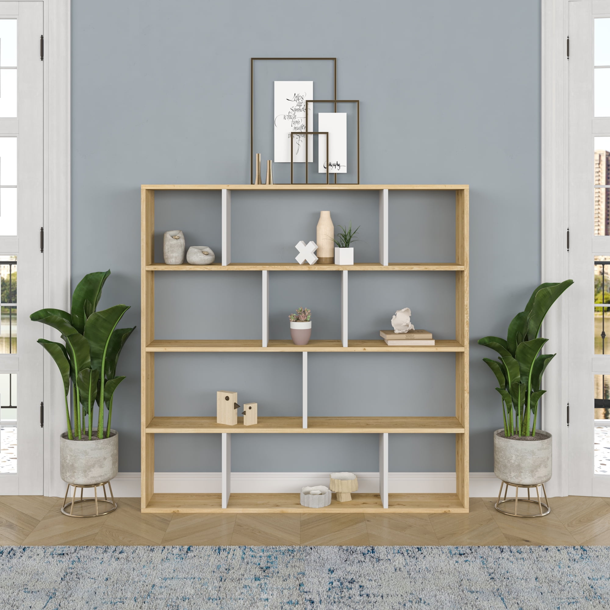 Ada Home Decor Hobdi 4 Tier Open Shelf Cube Modern Bookcase, Oak/White