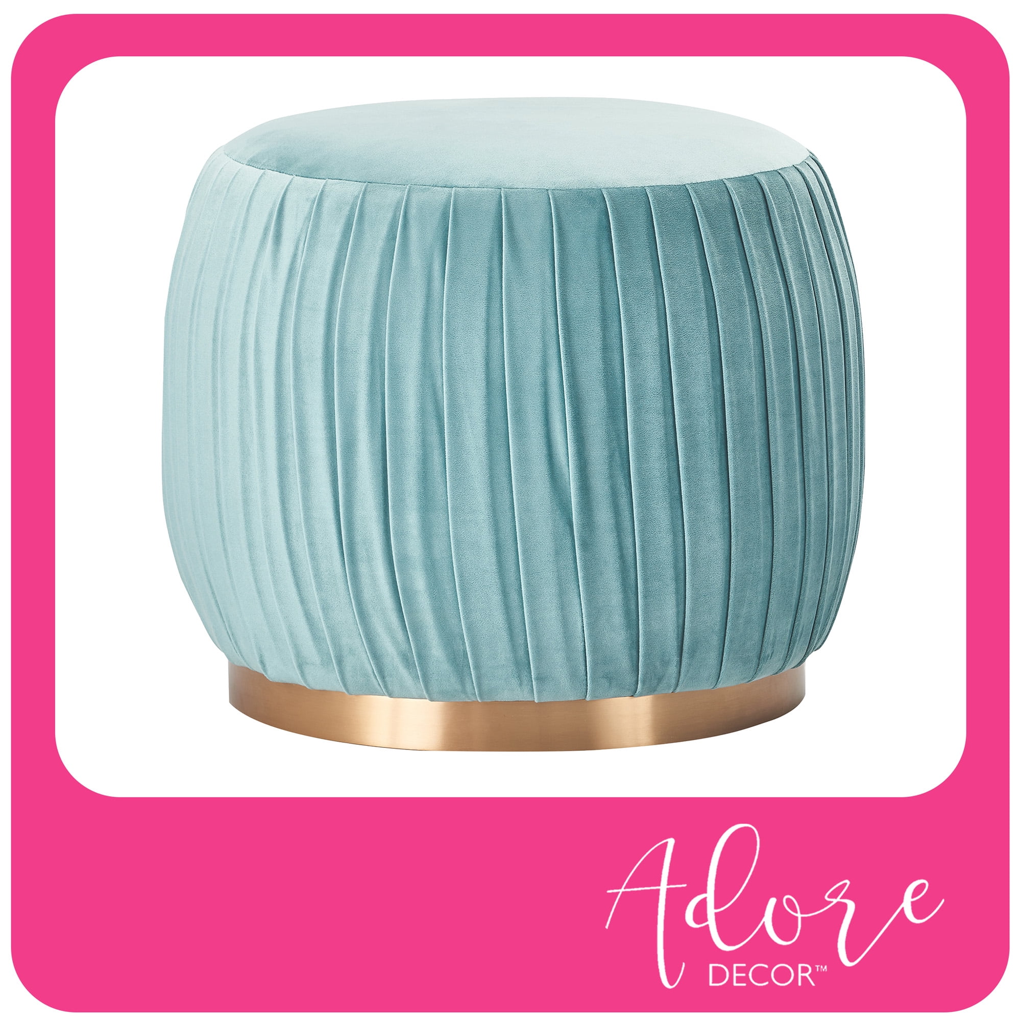Adore Decor Jolie Modern Pleated Velvet Ottoman in Teal Blue