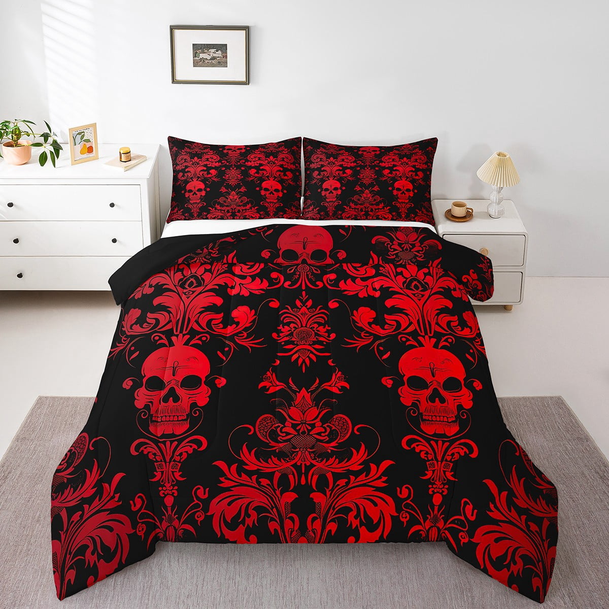 Adults Red Damask Bedding Set Antique Victorian Baroque Comforter Set Full Size,Gothic Vintage Floral Quilt Exotic Sugar Skull Duvet Insert,Gothic Bone Skeleton Bohemian Decor,Black