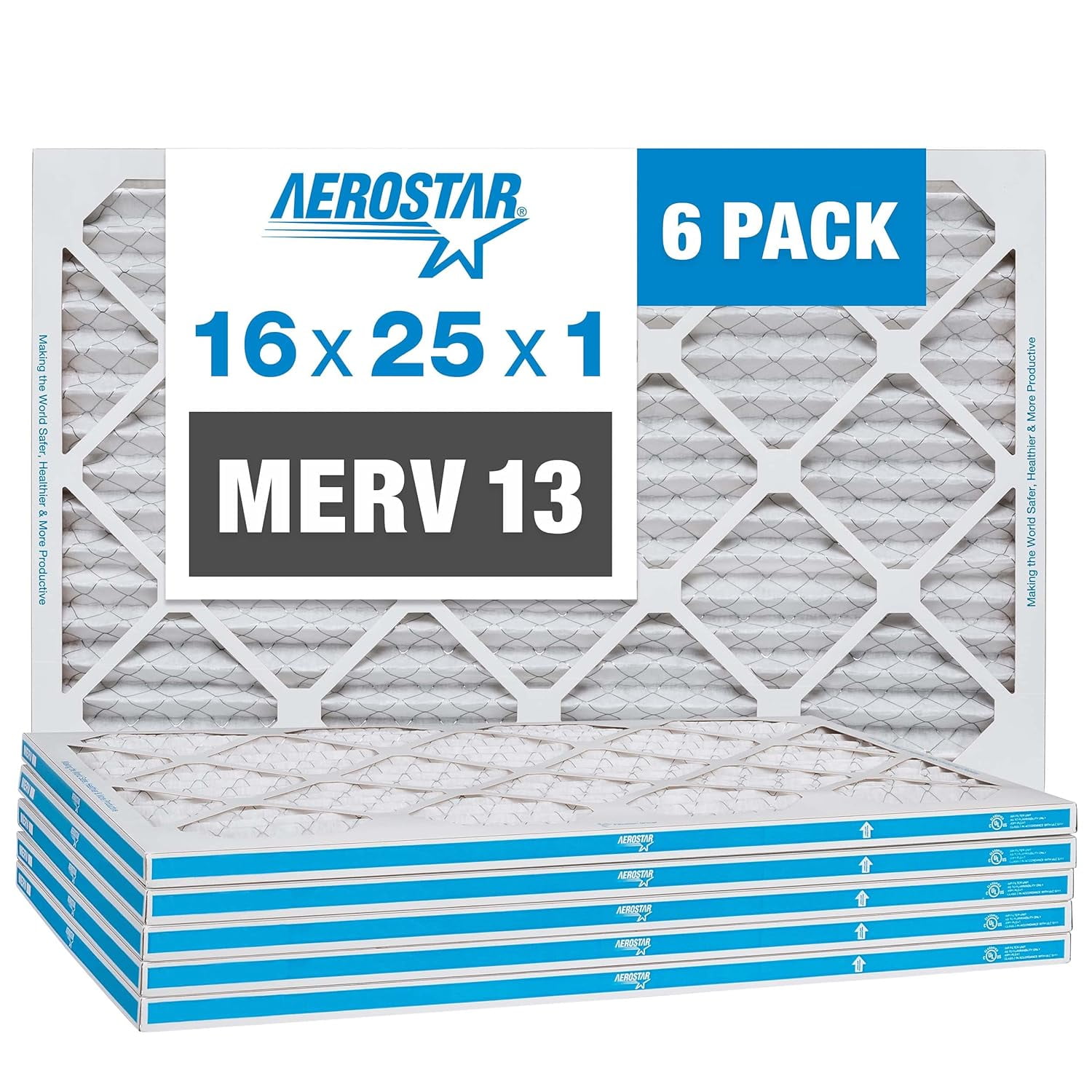 16x25x1 AC and Furnace Air Filter by Aerostar, Model: 16X25X1 M13 - MERV 13, Box of 6